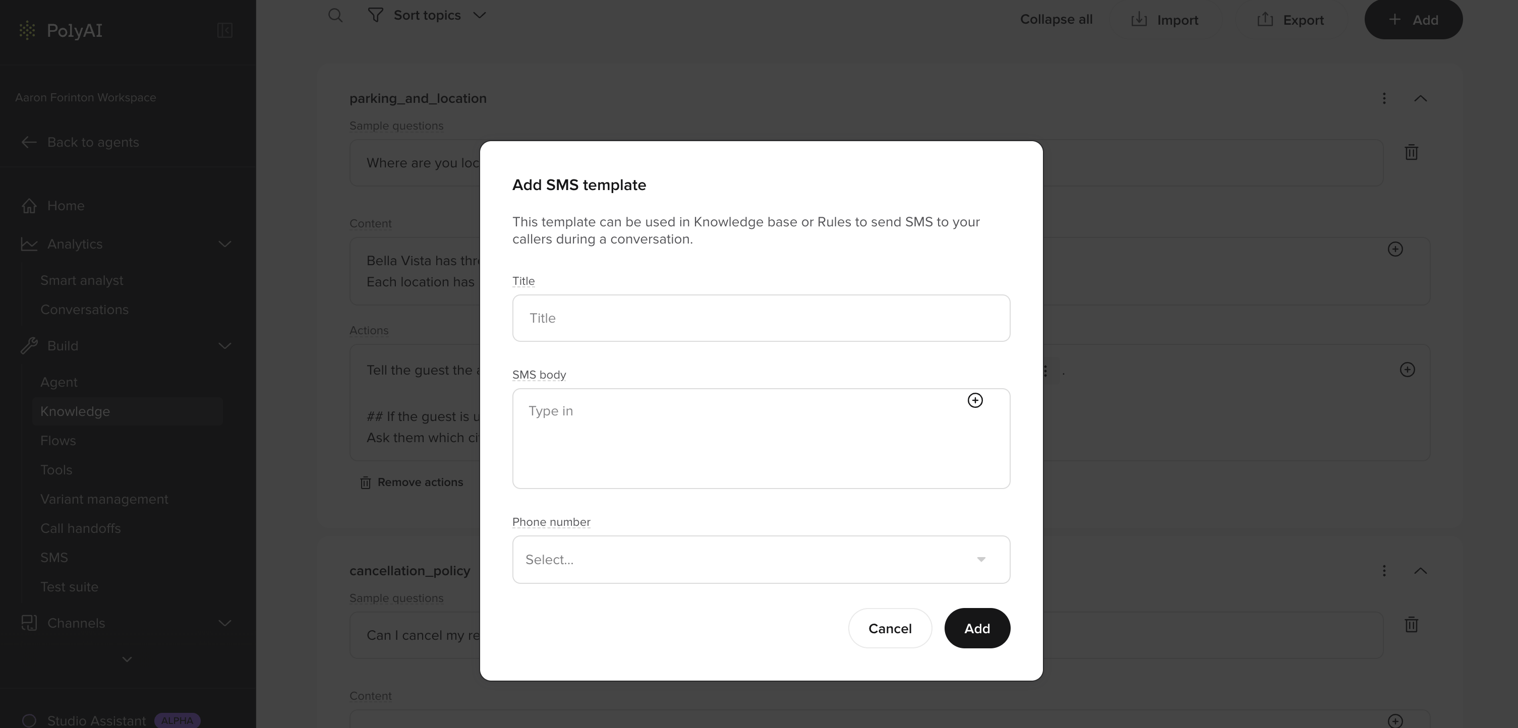 Add SMS template dialog