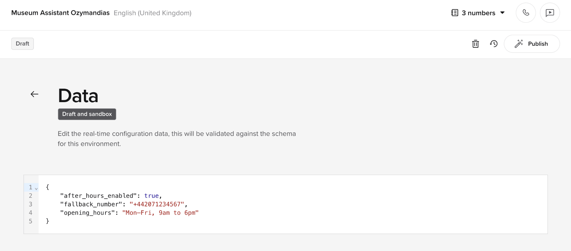 Live config UI showing example values
