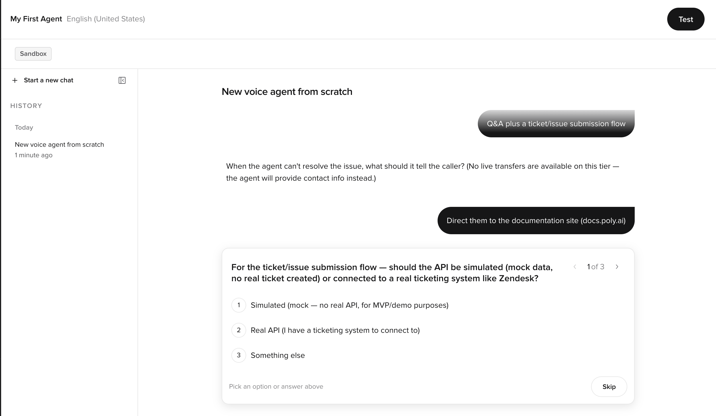 Agent Builder asking interactive questions about the agent's capabilities