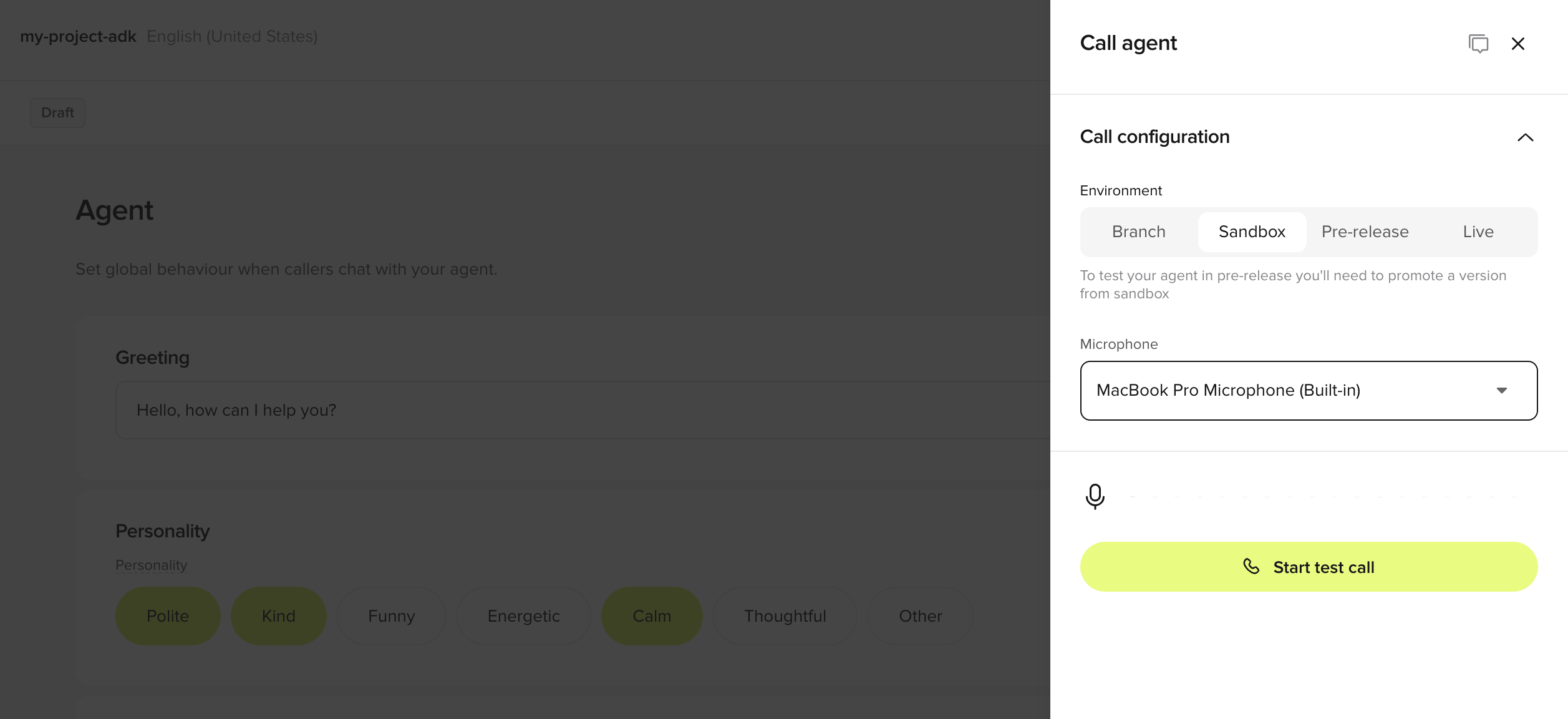 Call agent side panel with environment set to Sandbox and a Start test call button
