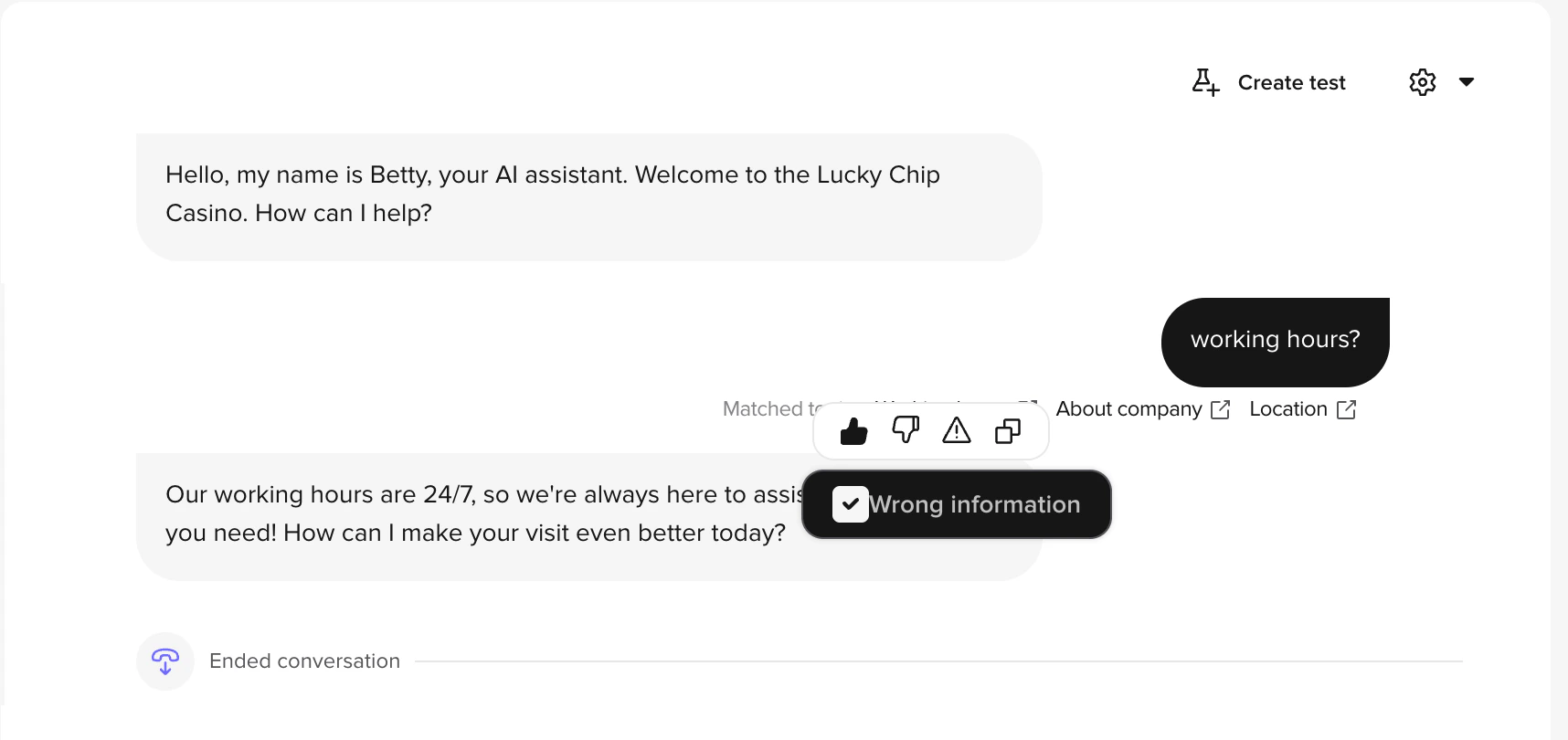 Conversation Review agent turn with the feedback toolbar visible and the Wrong information annotation checkbox selected