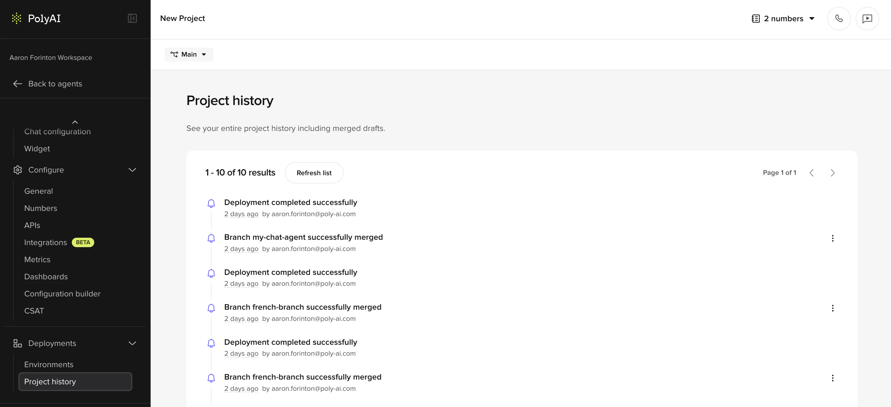 Project history page showing a list of project events including deployments and branch merges.