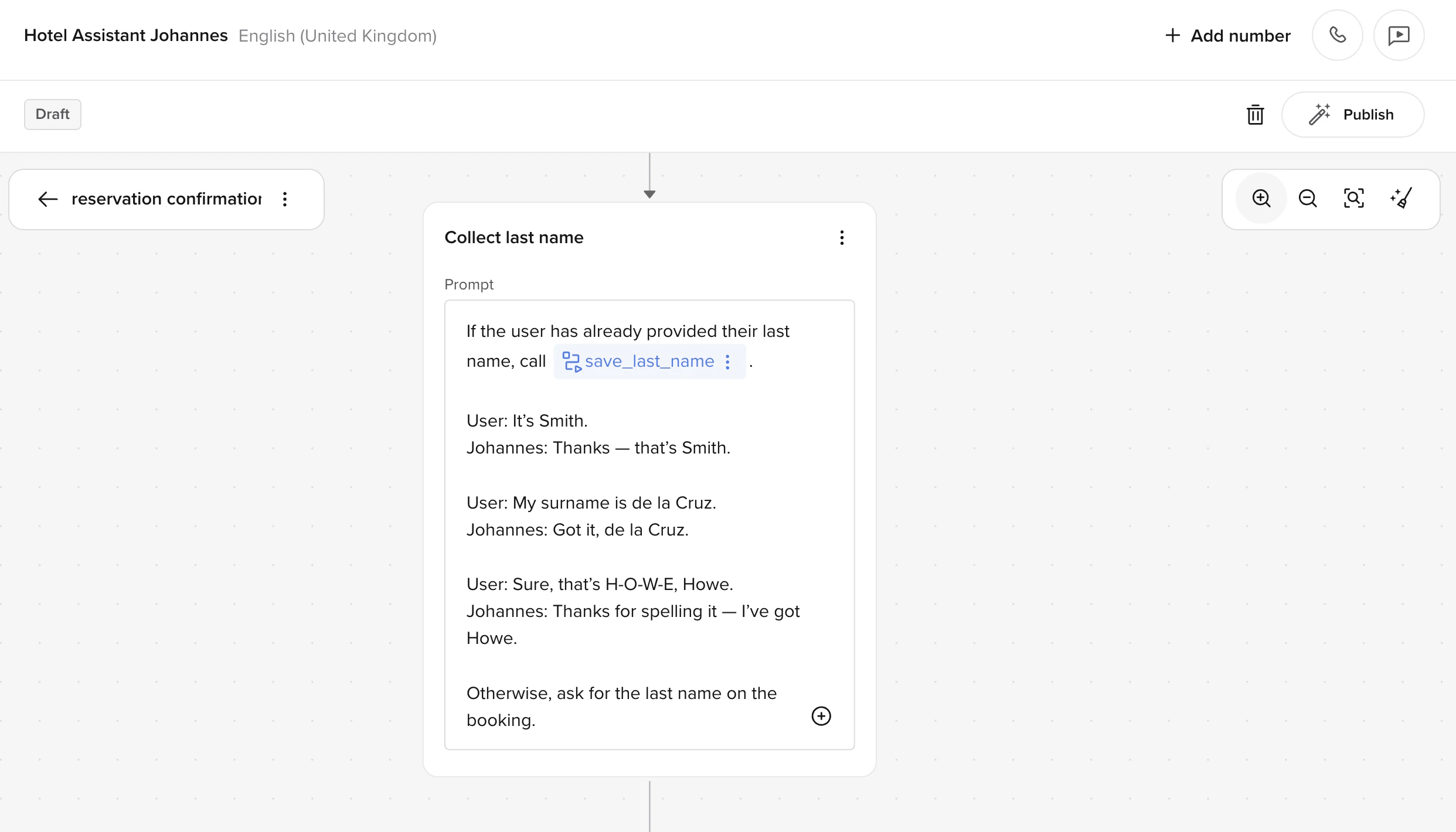 Few-shot examples inside a flow step prompt for collecting a last name