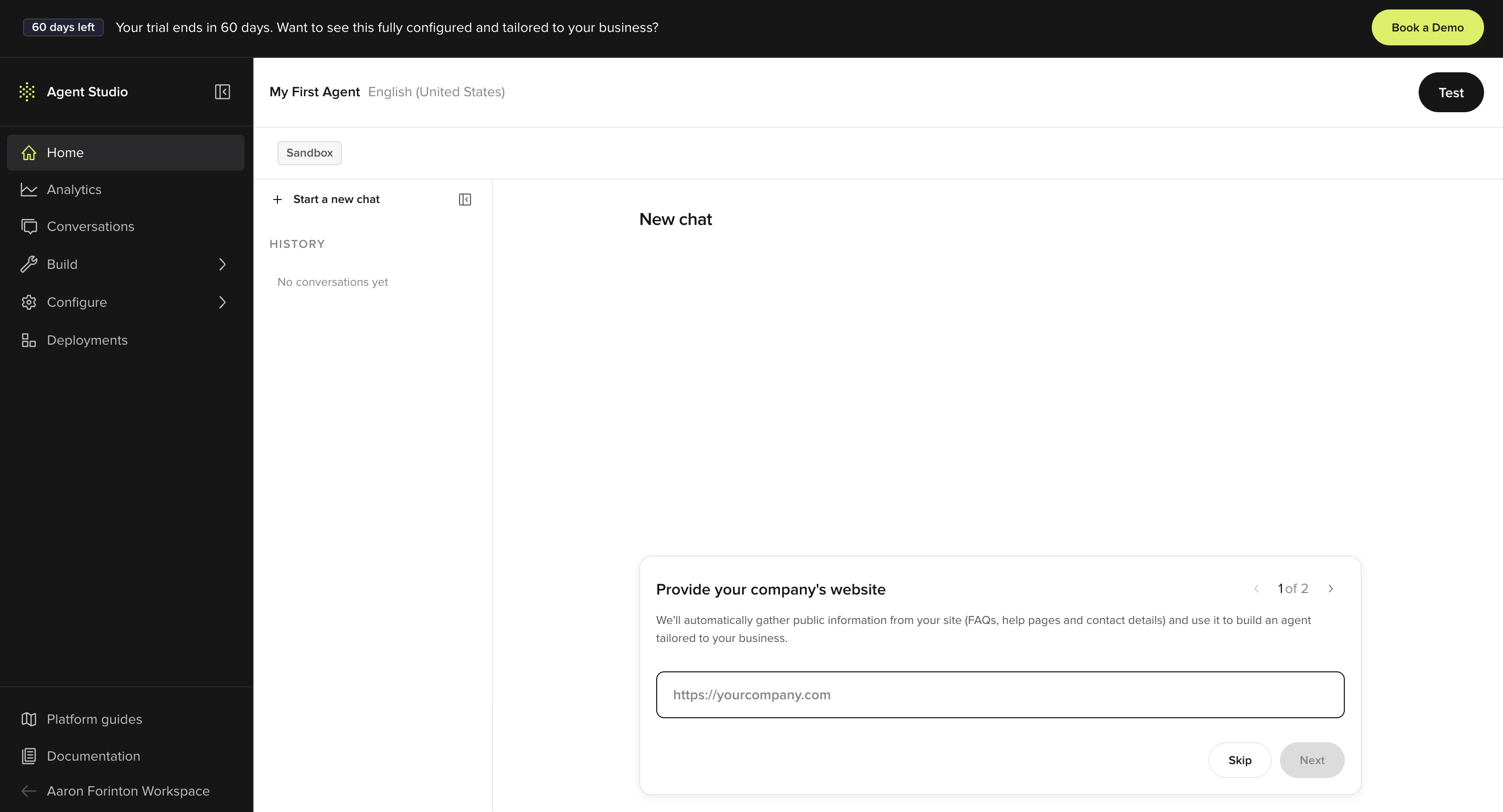 Agent Studio onboarding screen asking for your company website URL