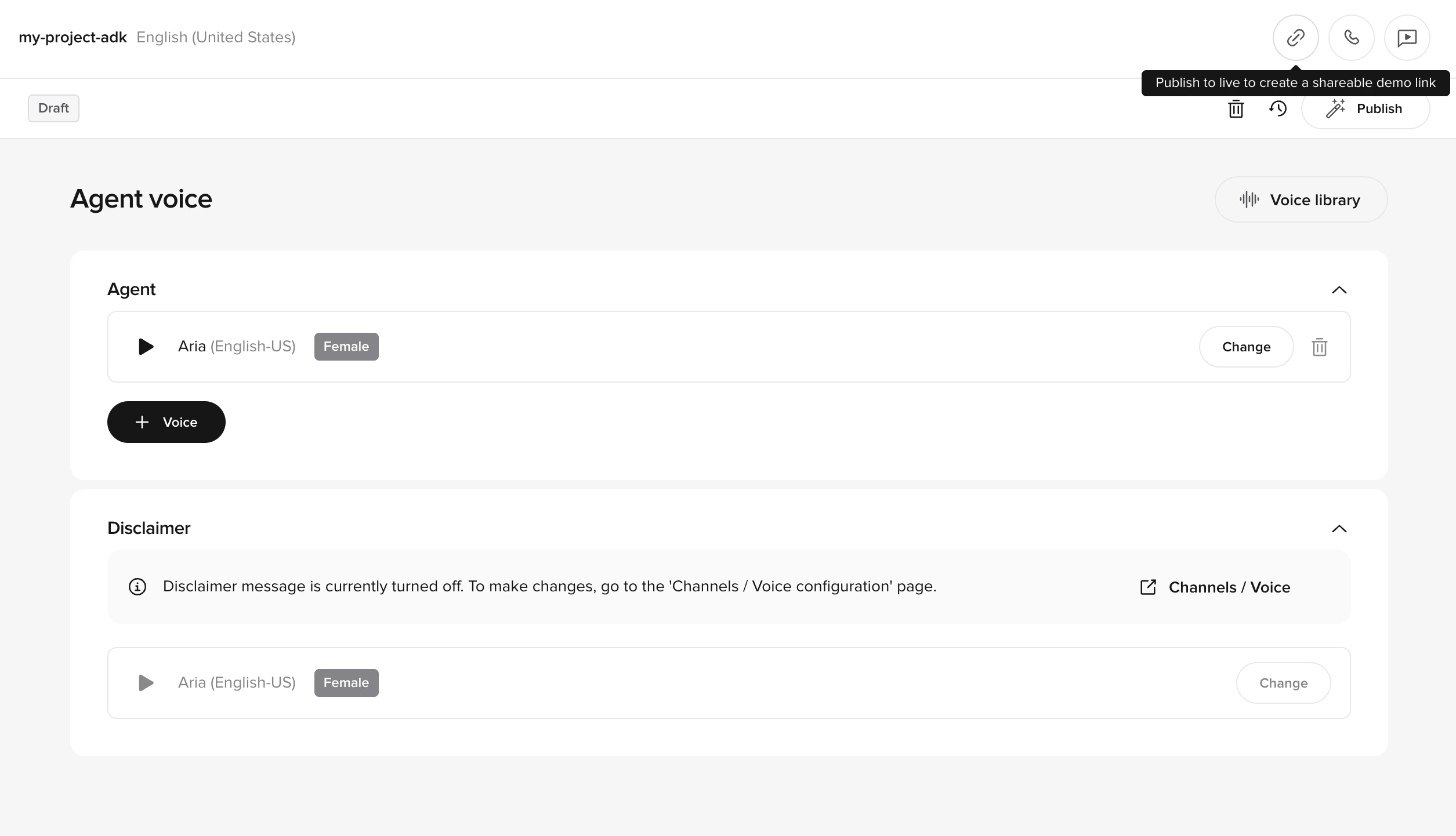 Agent Voice page showing the Agent and Disclaimer sections, each with a selected voice and a Change button