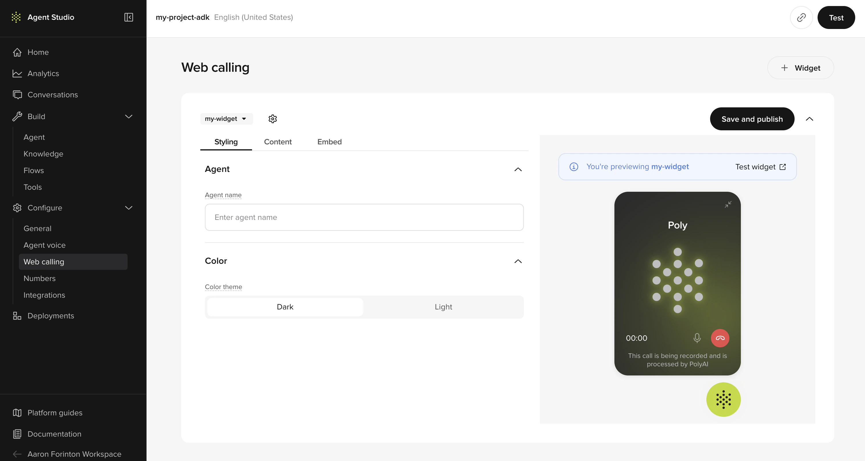 Widget editor Styling tab showing Agent name field, Color theme toggle, and a live preview of the widget