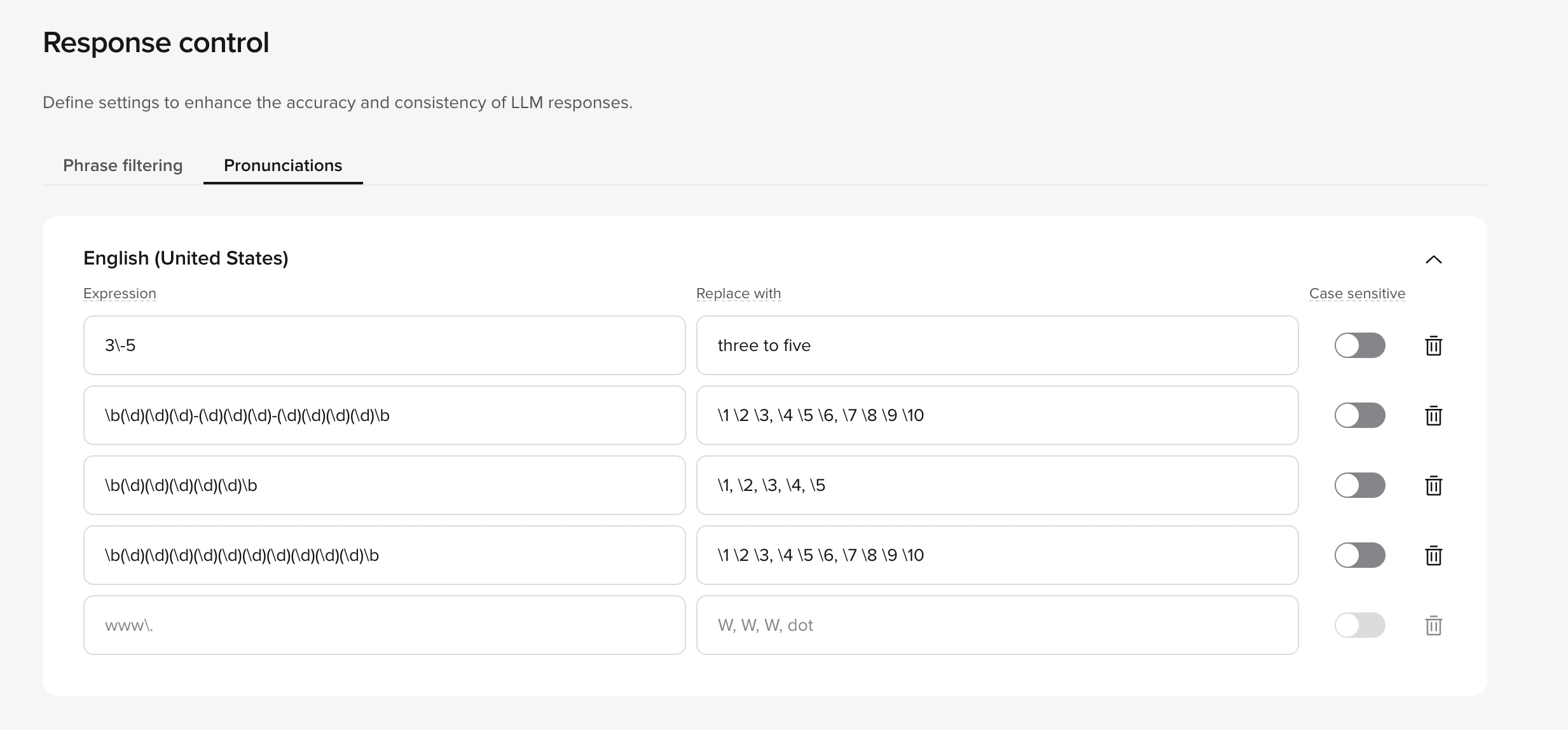 Pronunciation rules showing regex patterns for phone numbers, zip codes, and URLs