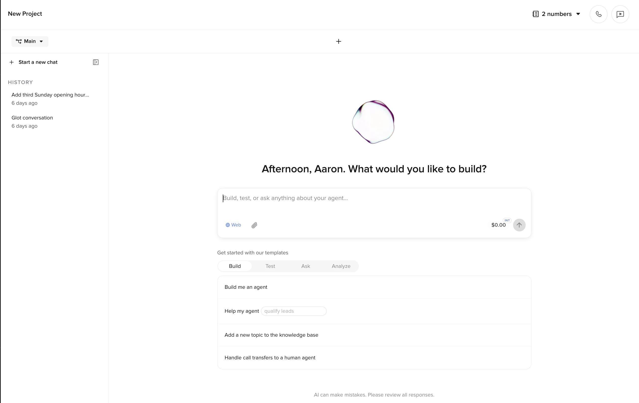 Agent Builder home screen with prompt templates and usage indicator