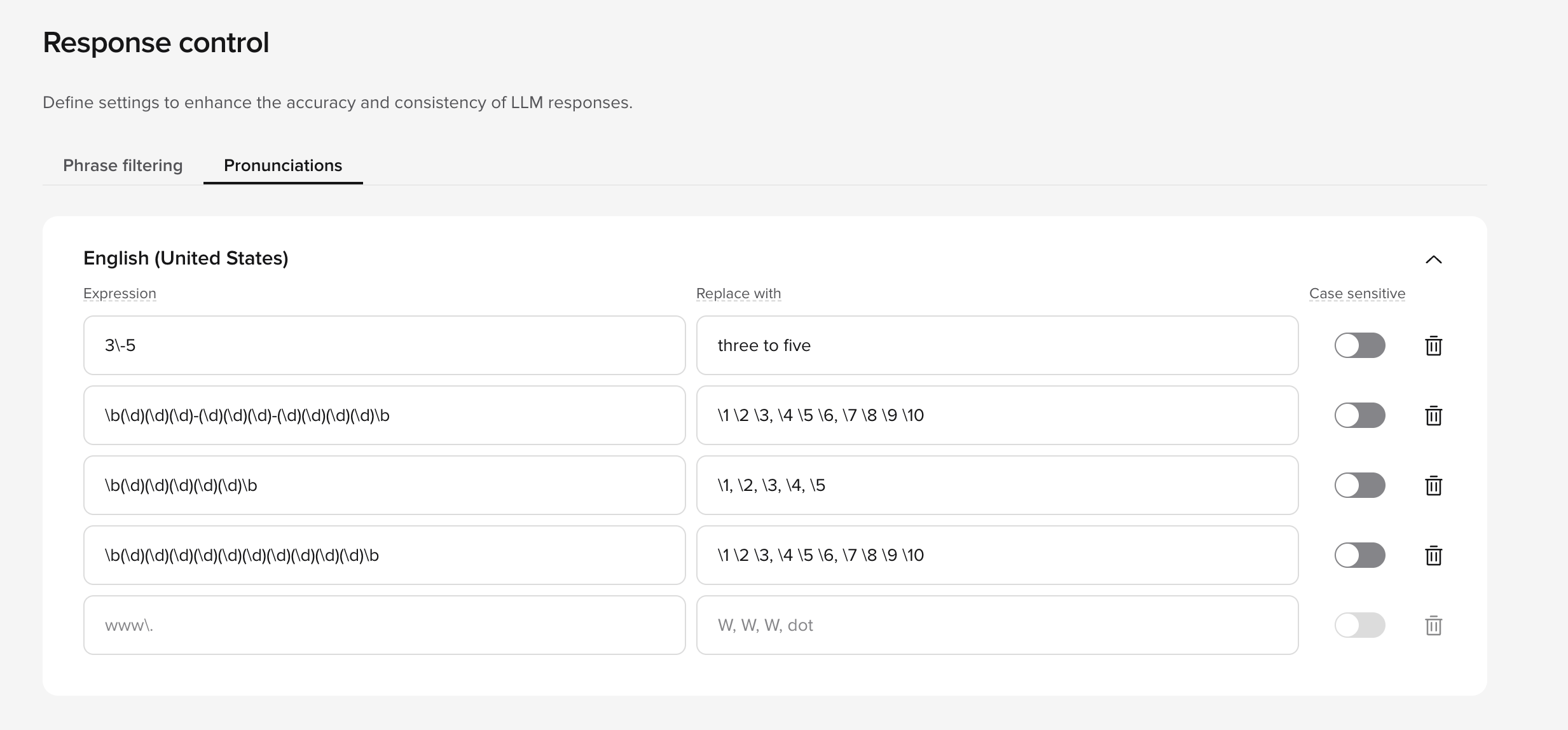 Pronunciation rules showing regex patterns for phone numbers, zip codes, and URLs