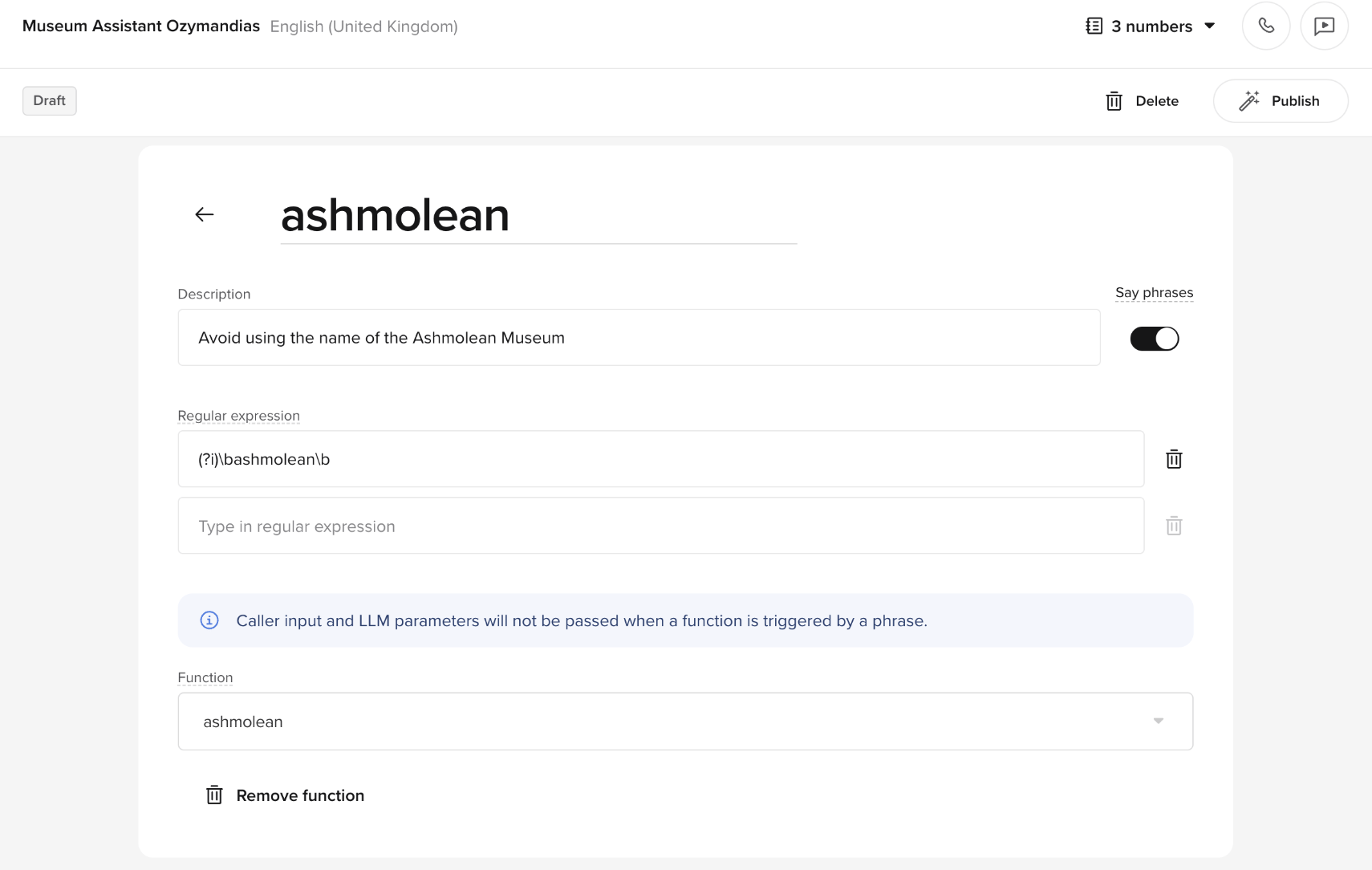 Stop keyword configuration