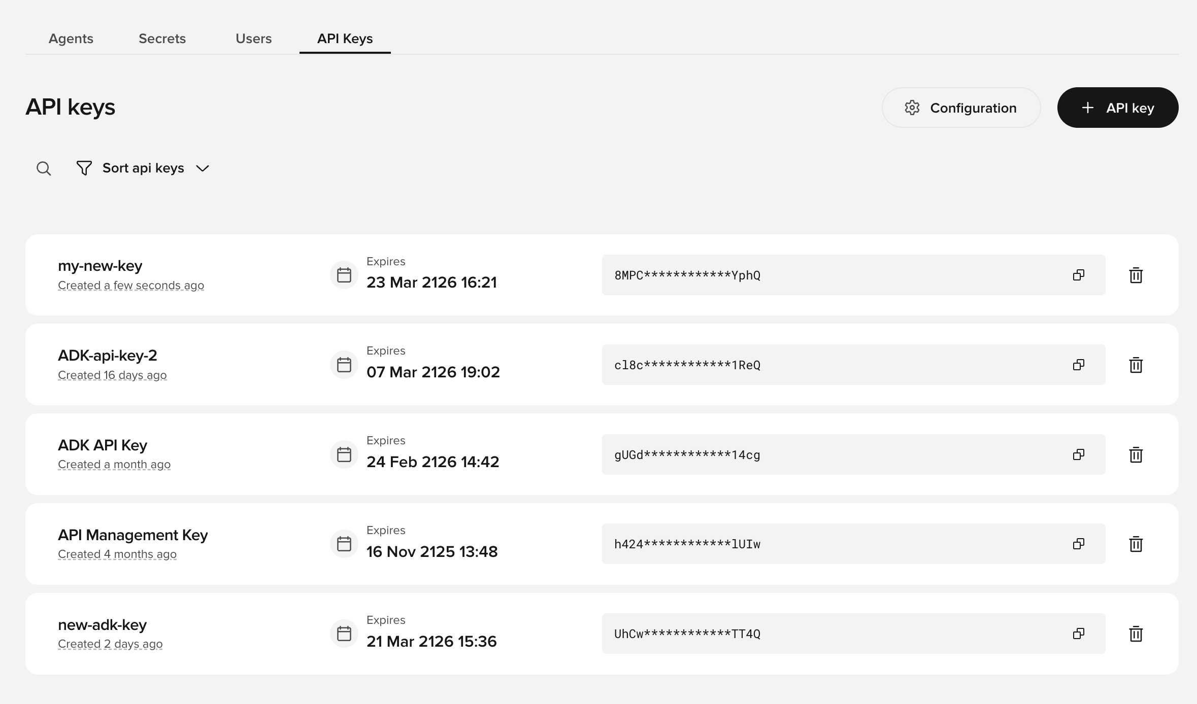 API keys page in Agent Studio