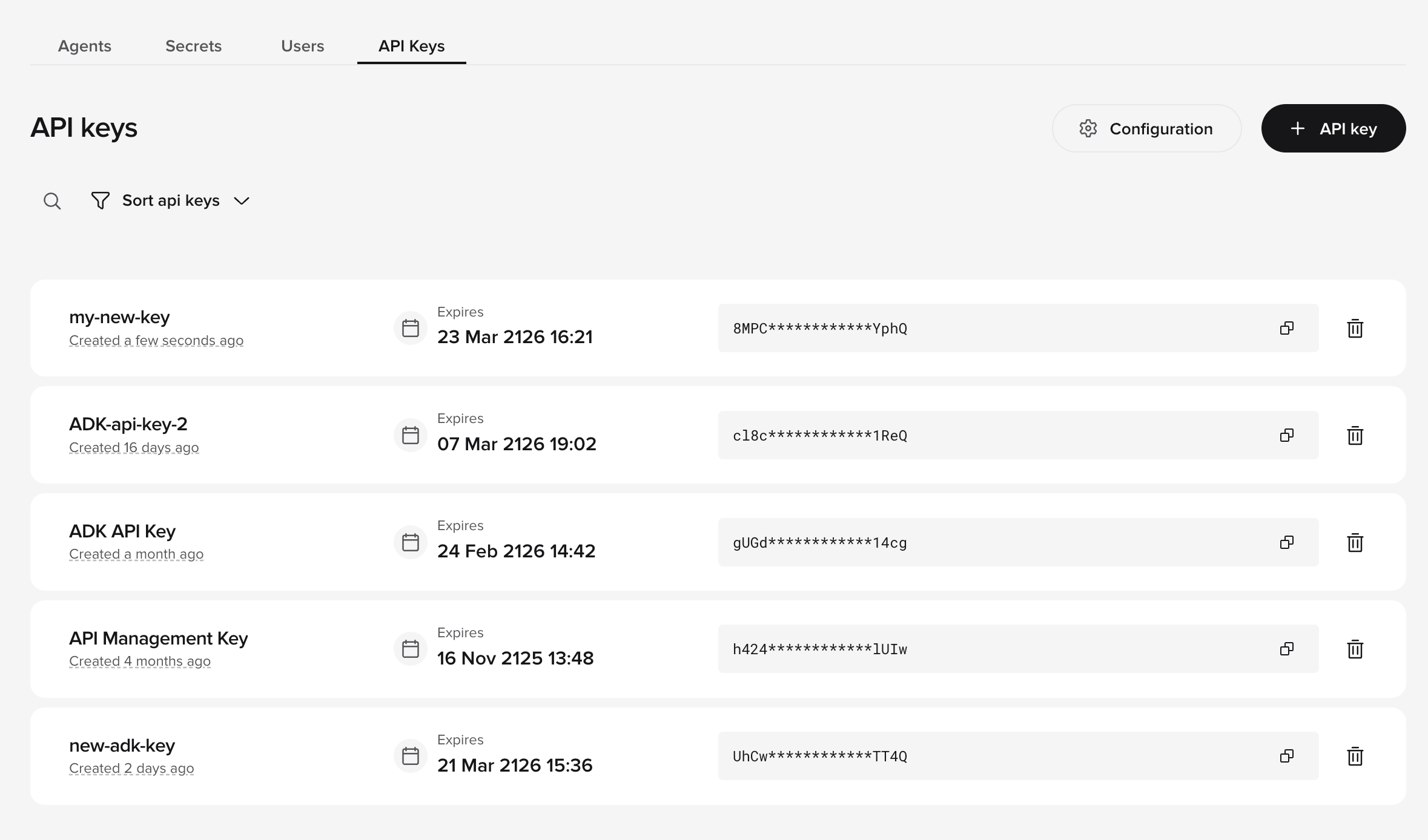 API keys page in Agent Studio