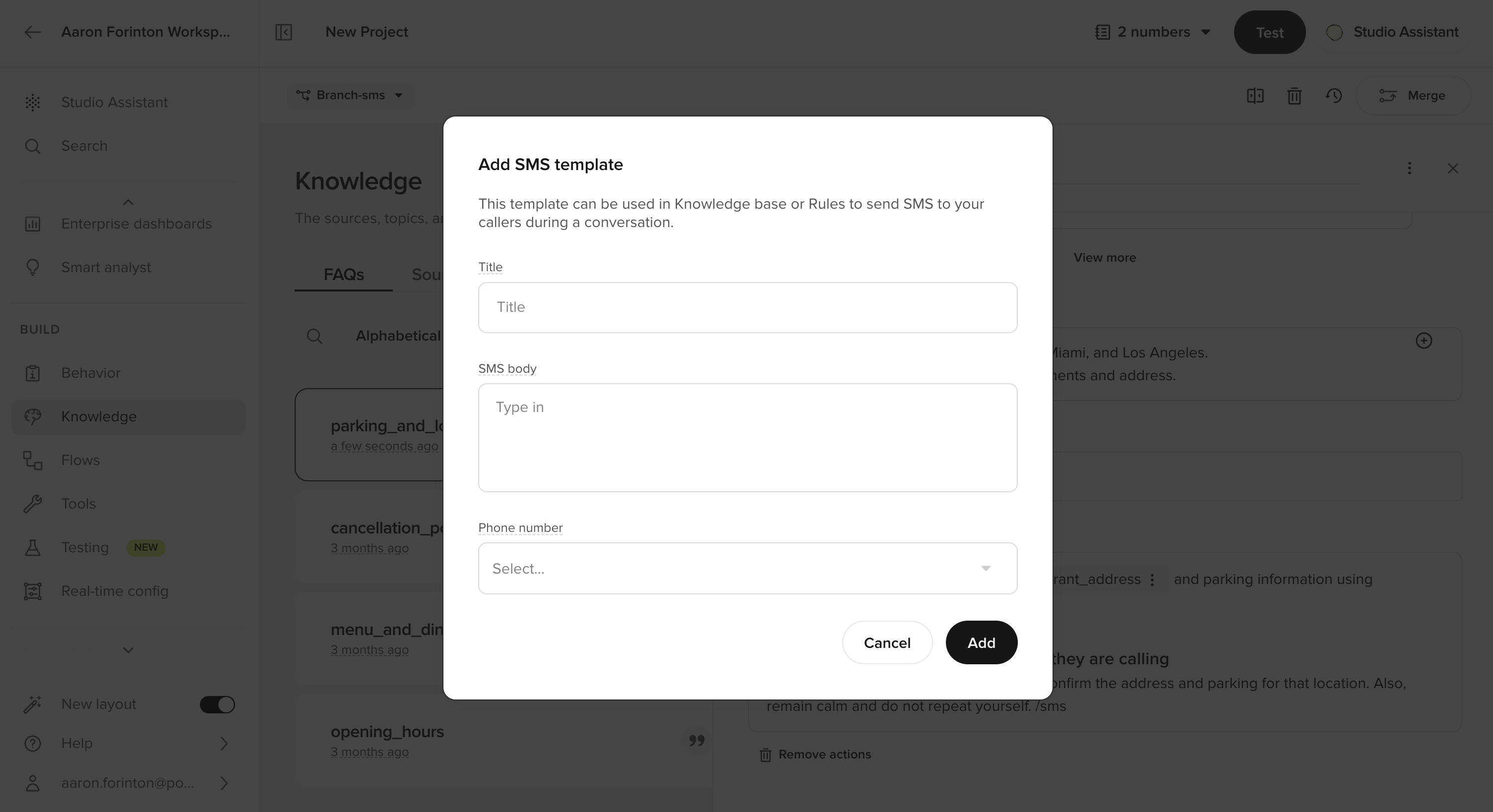 Add SMS template dialog