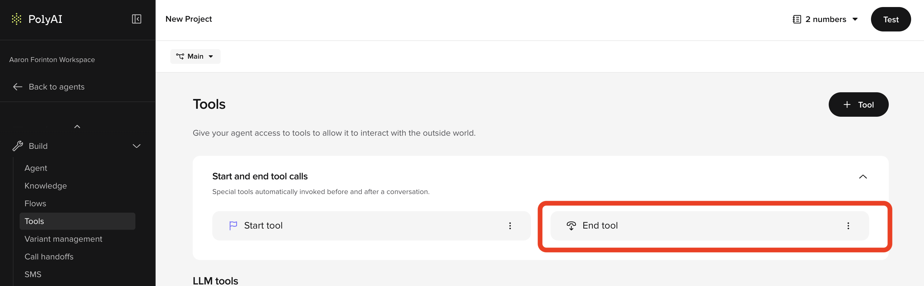 End tool card highlighted in the Start and end tool calls section