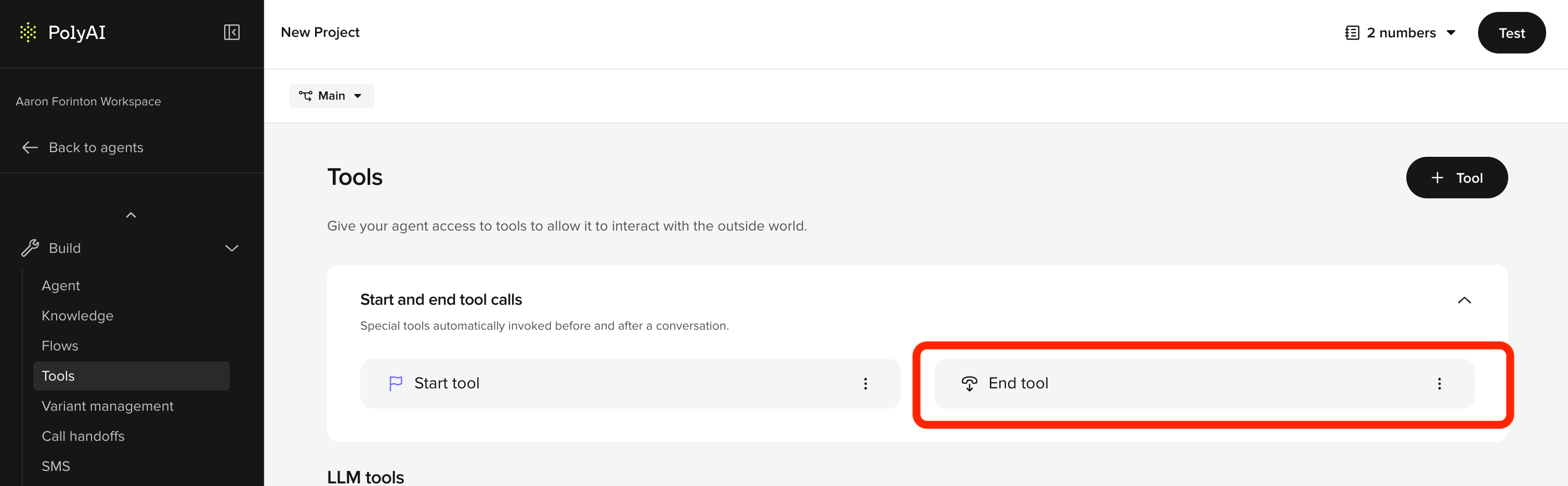 End tool card highlighted in the Start and end tool calls section