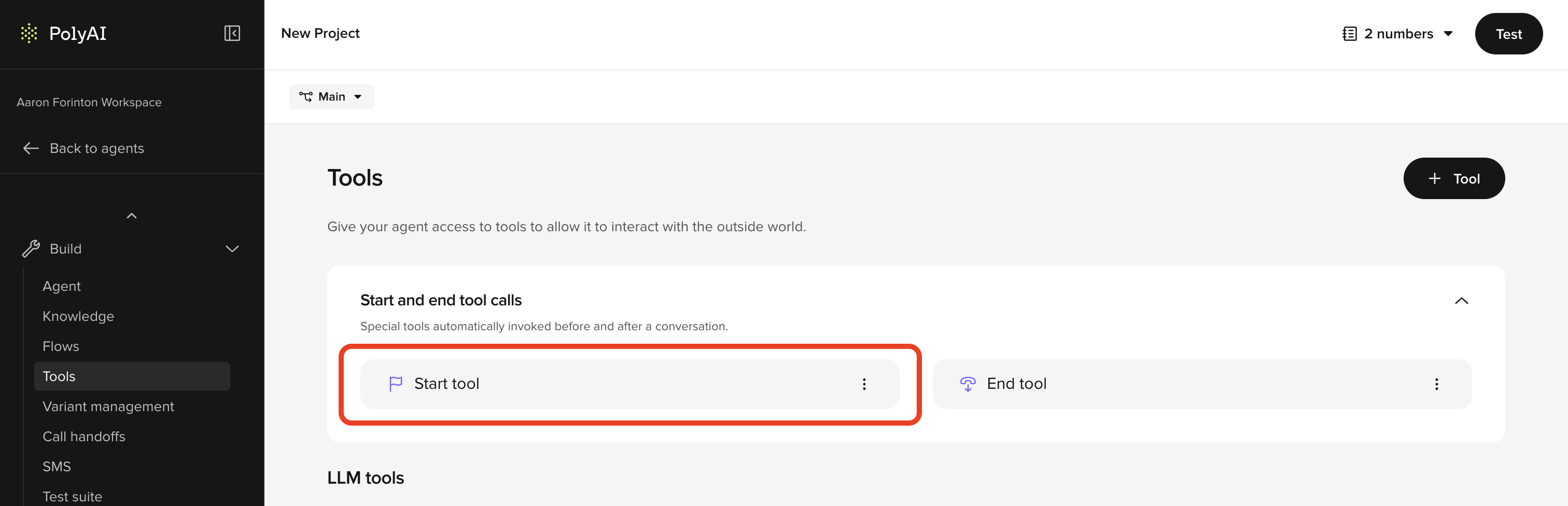 Start tool card highlighted in the Start and end tool calls section