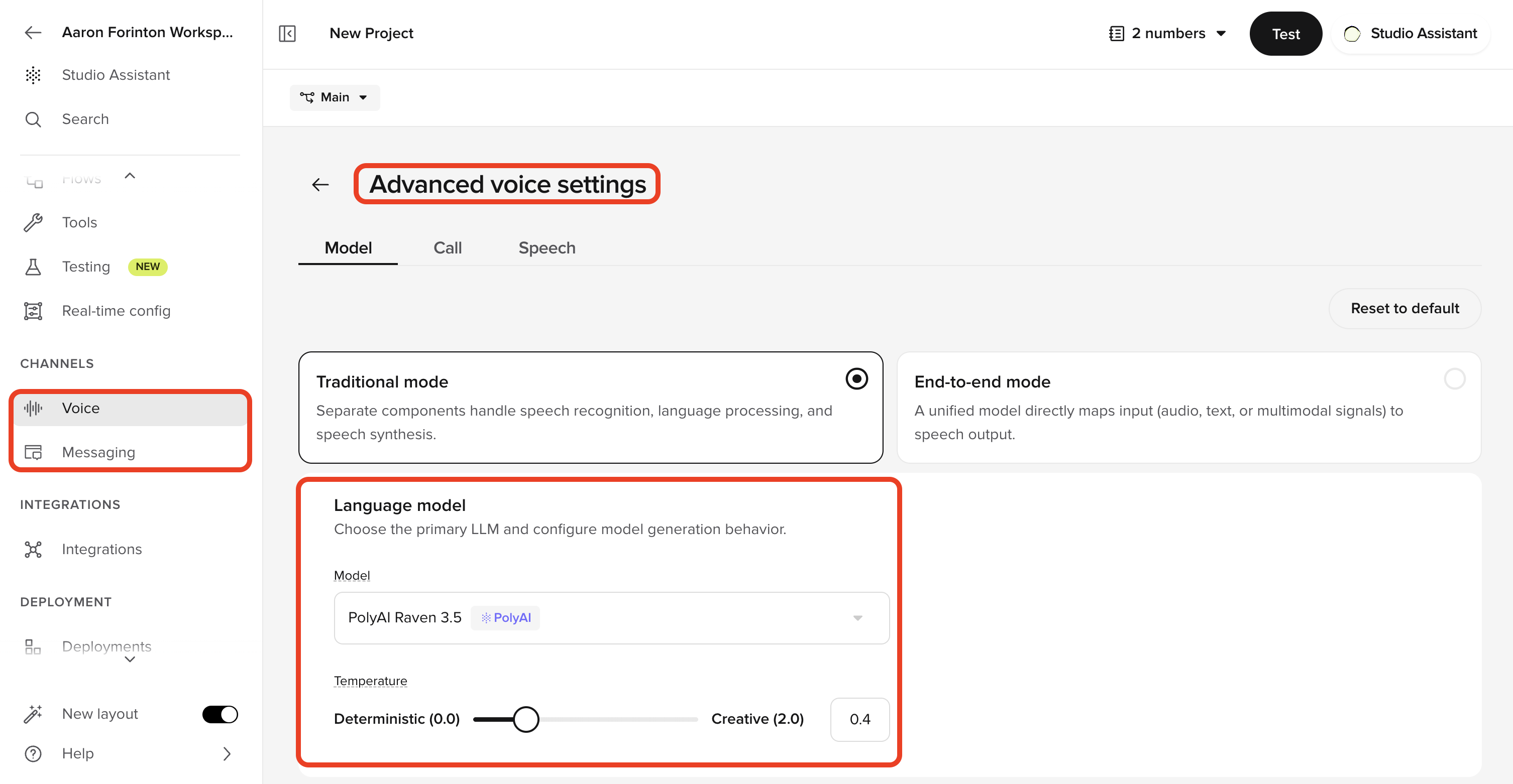 Advanced voice settings, Model tab