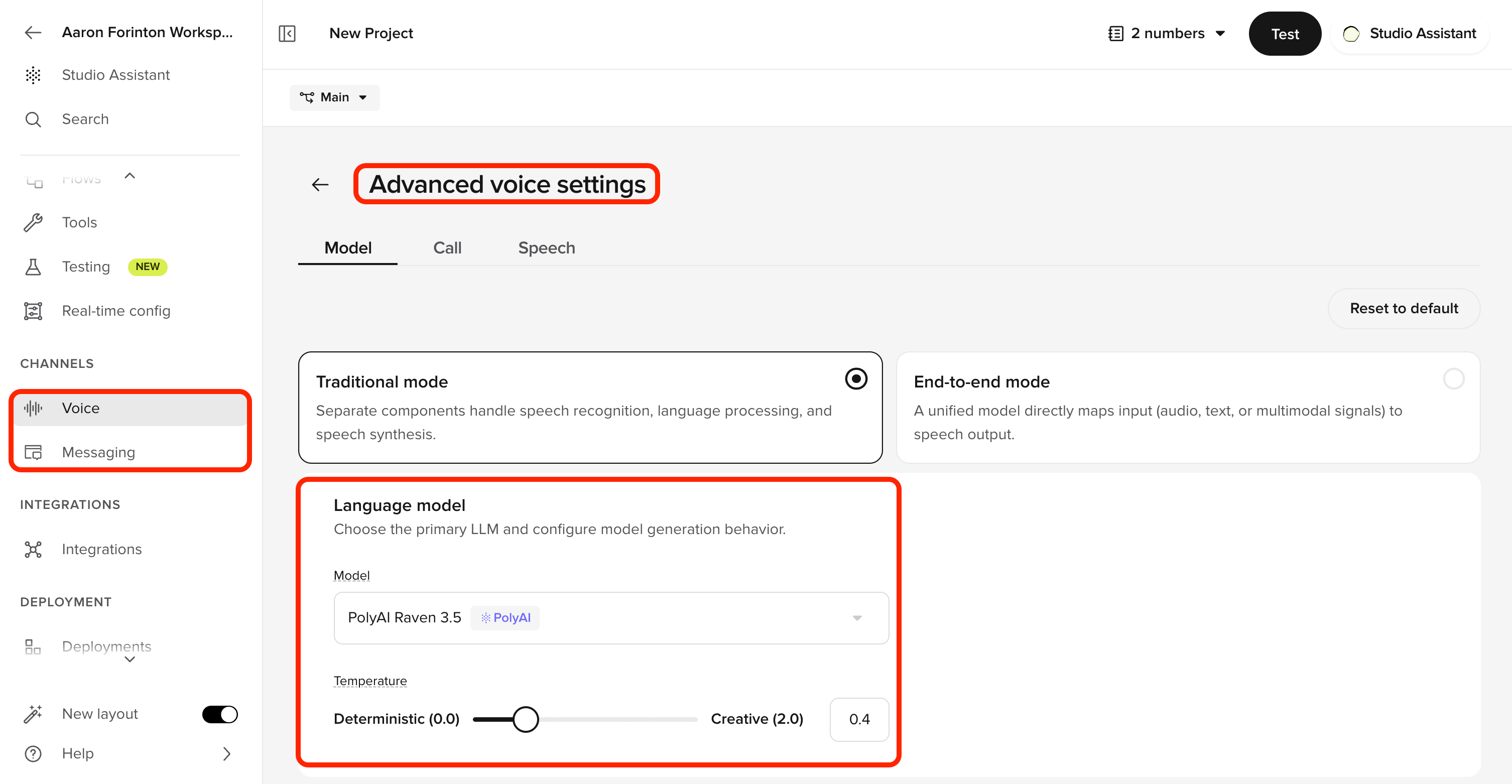 Advanced voice settings, Model tab