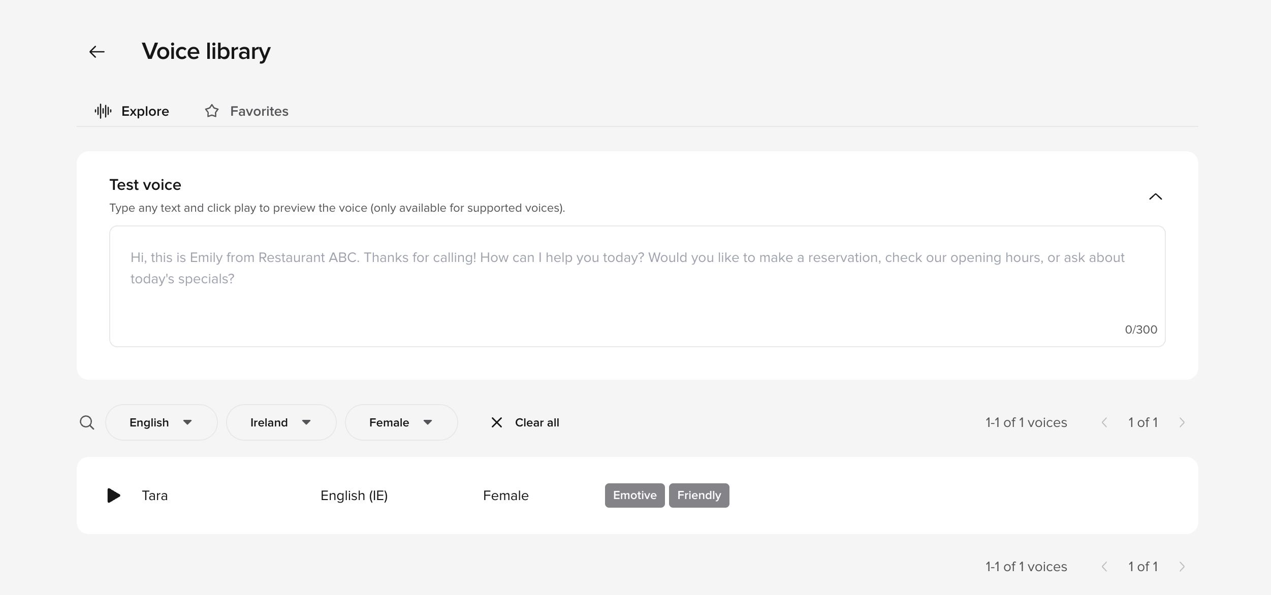 Voice library with the Test voice preview field, language, region, and gender filters, and a voice card showing Tara (English IE, Female) tagged Emotive and Friendly