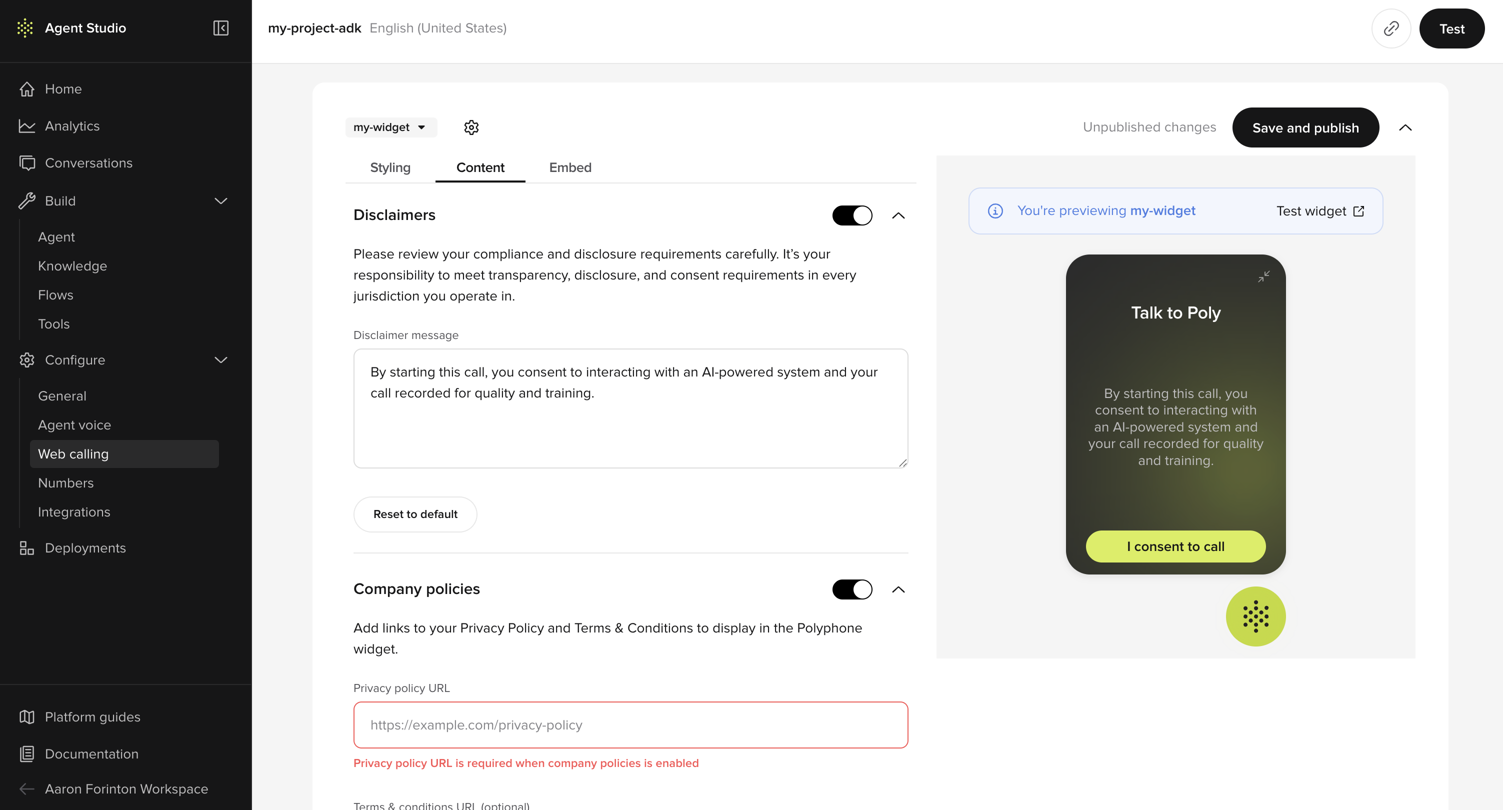 Widget editor Content tab showing disclaimer message, company policies, and live consent preview