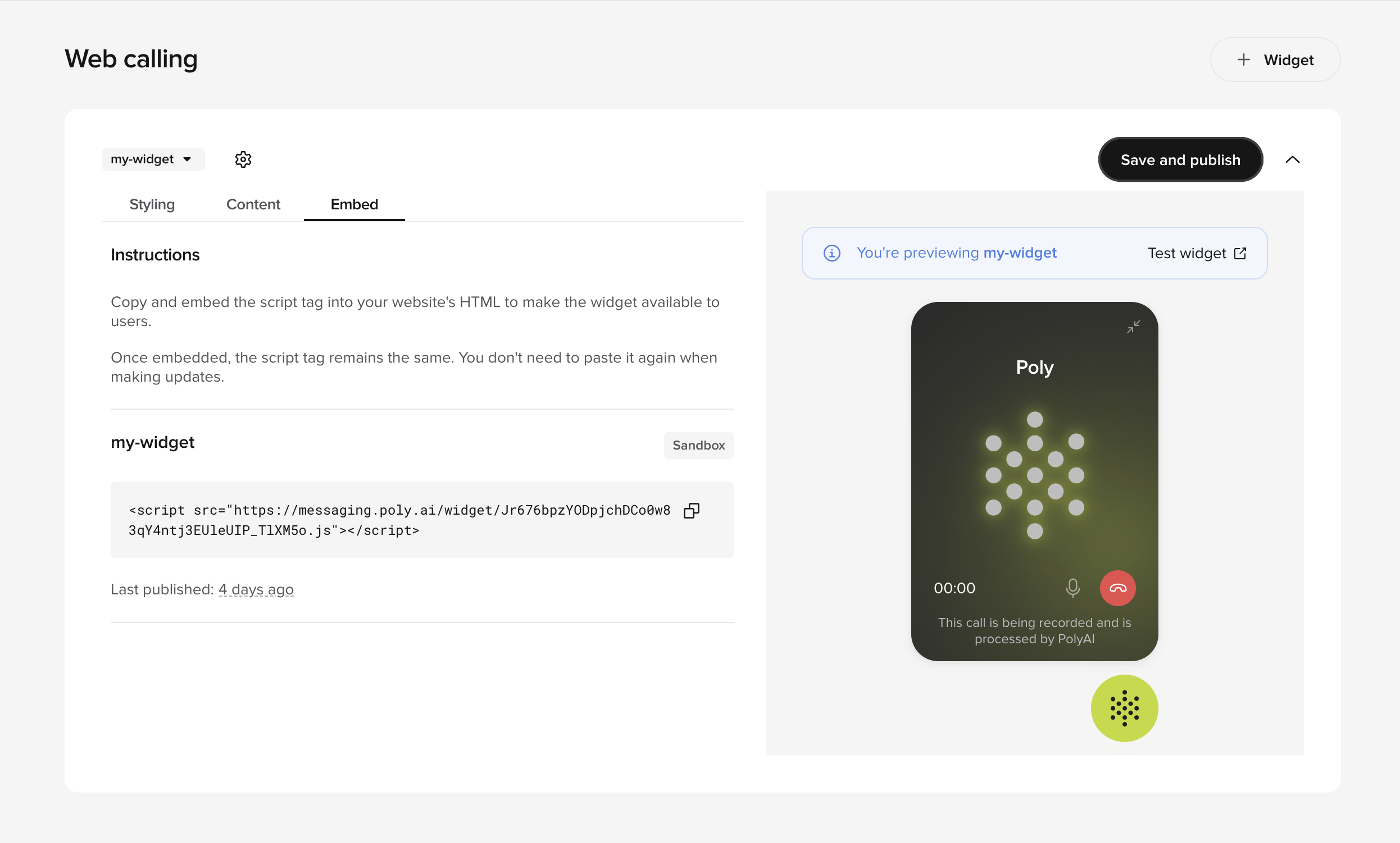 Embed tab showing the copyable script tag and publish status