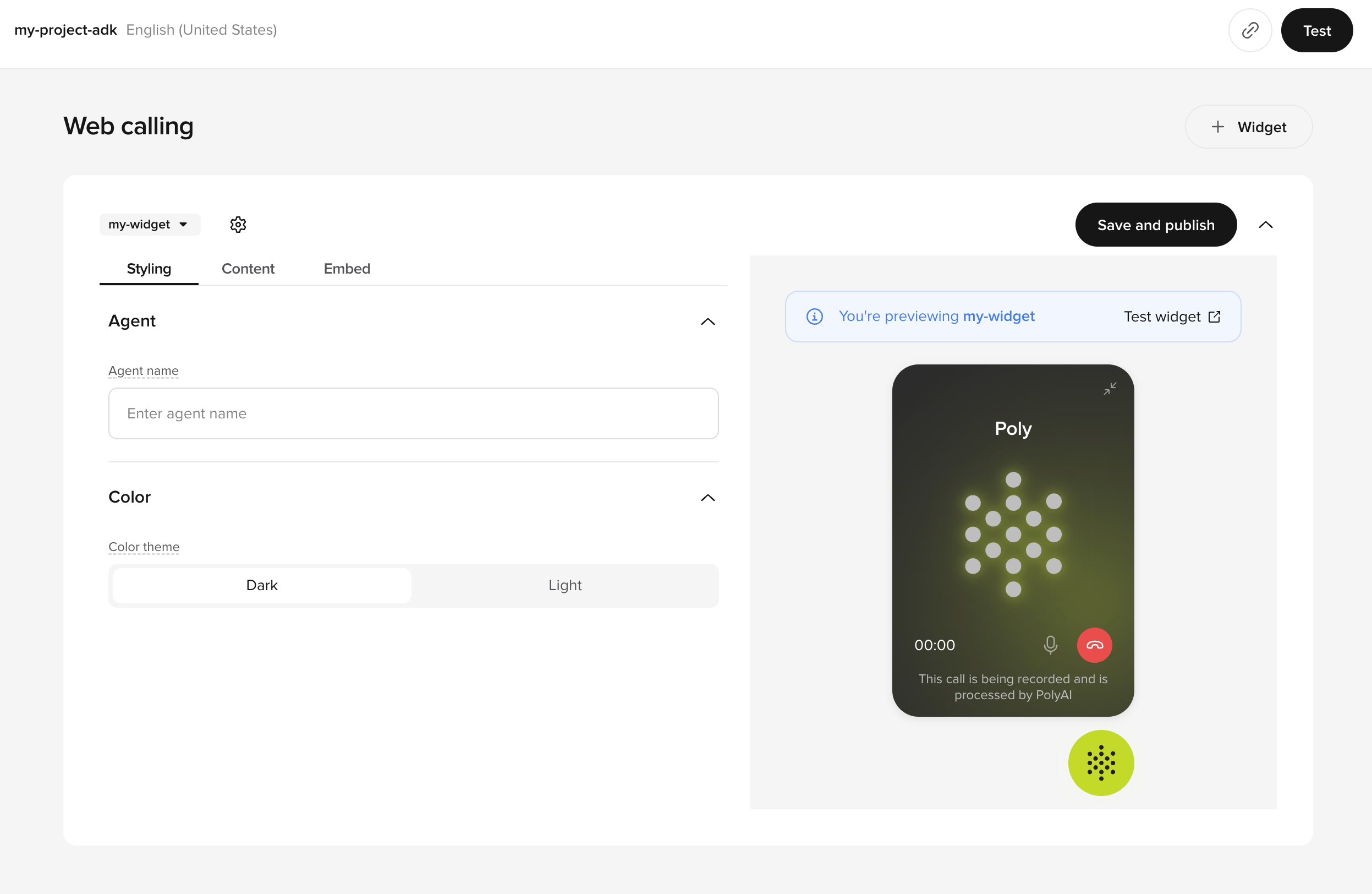 Widget editor Styling tab with agent name and color theme controls