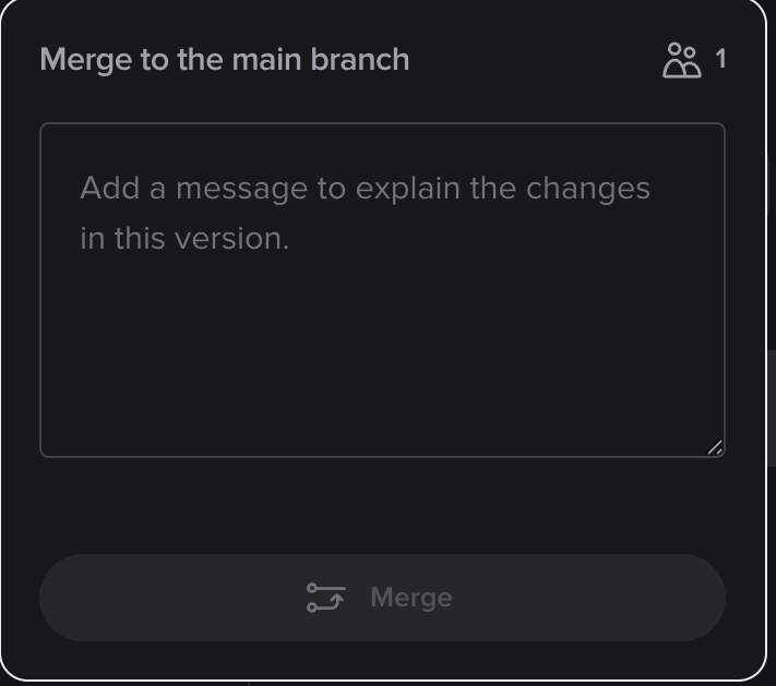 Merge to the main branch dialog with an optional message field and a Merge button