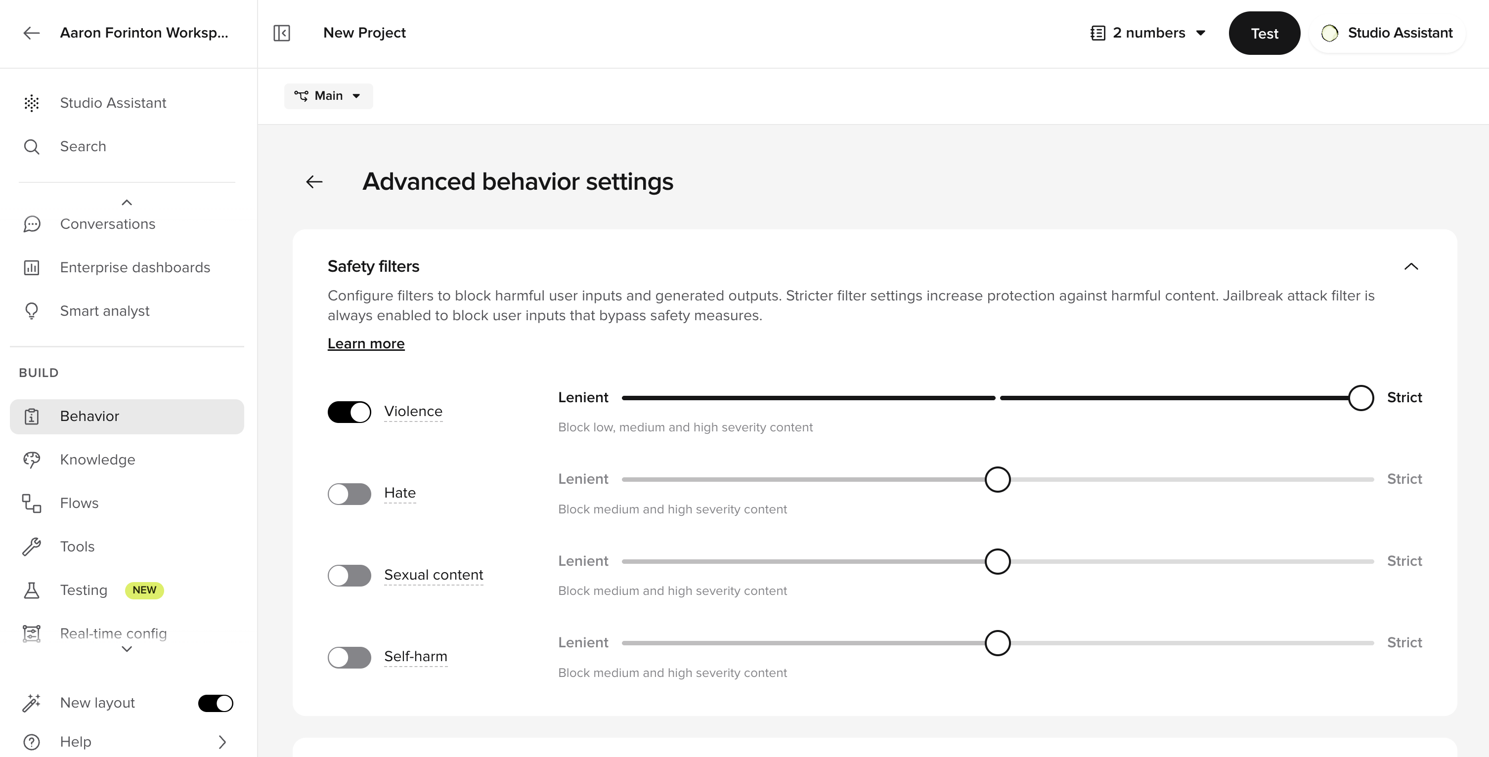 Safety filter severity sliders for violence, hate, sexual, and self-harm on the Advanced behavior settings page
