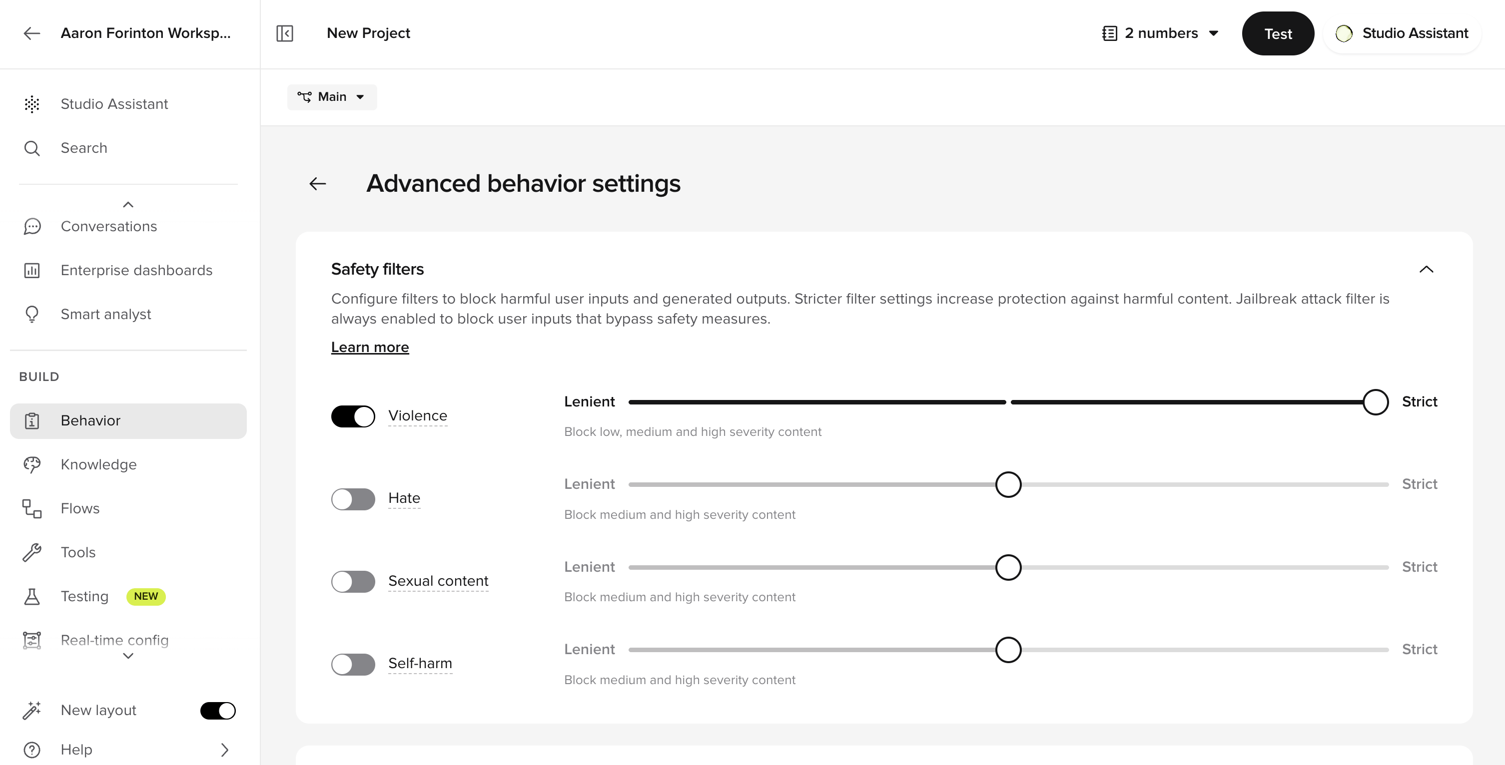 Safety filter severity sliders for violence, hate, sexual, and self-harm on the Advanced behavior settings page