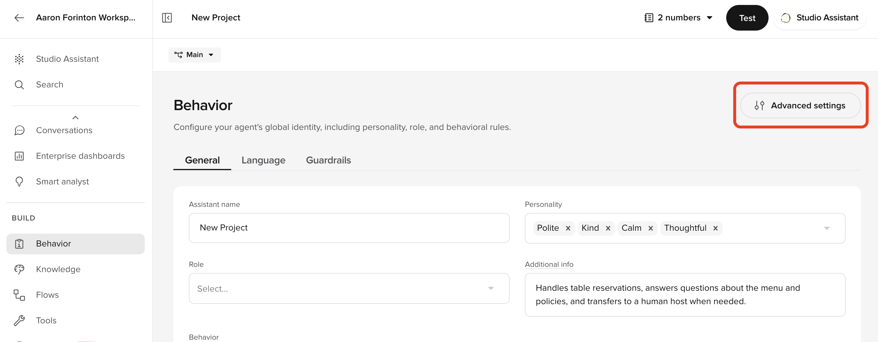 Behavior Advanced settings entry point
