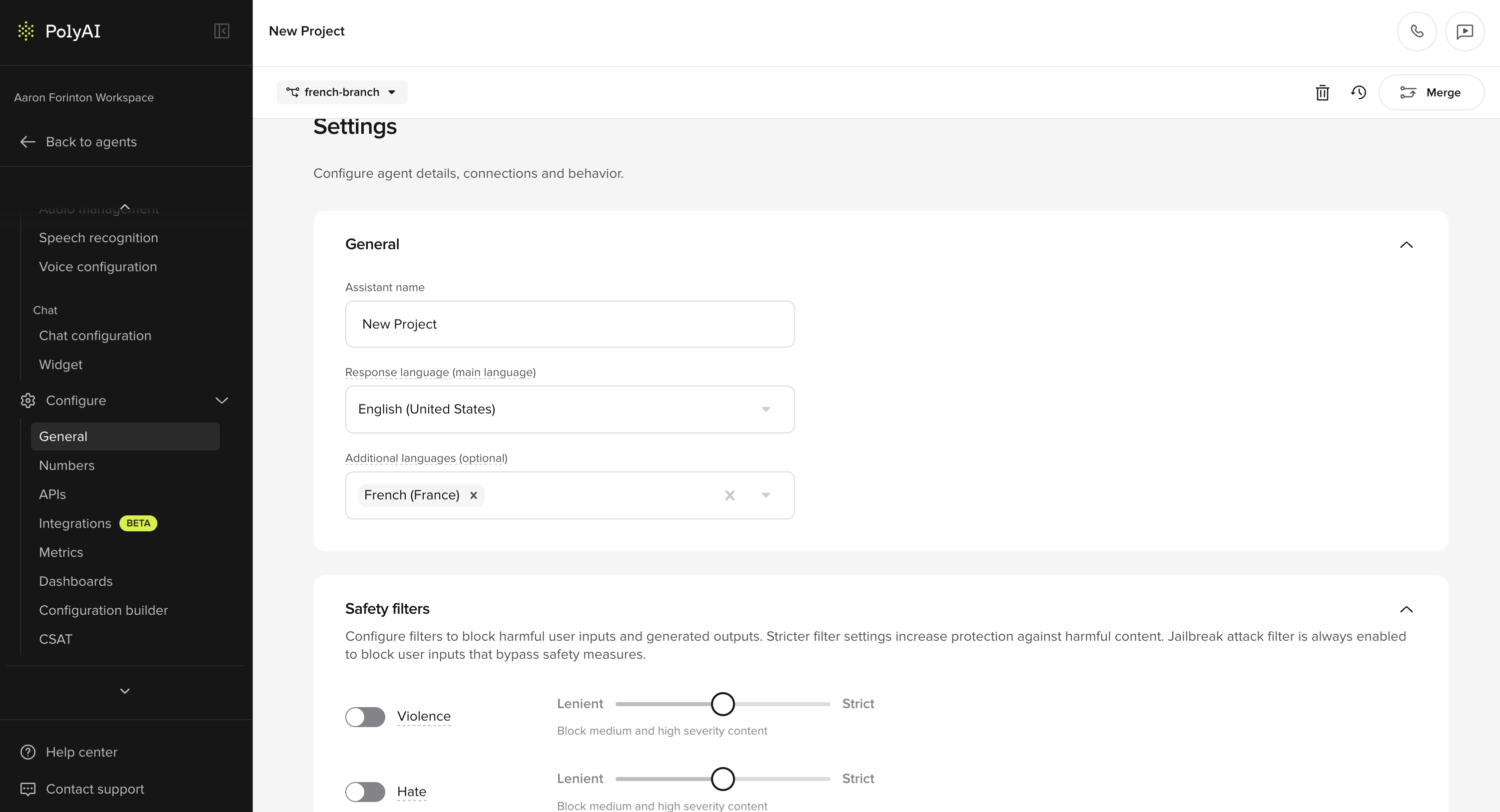 Multi-language settings showing Response language and Additional languages fields