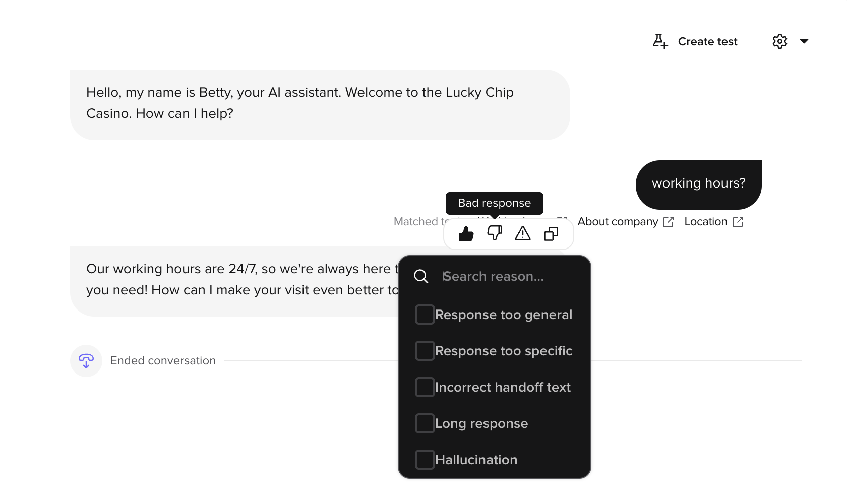 Conversation Review agent turn showing the four-icon feedback toolbar, the Bad response tooltip, and the reason picker open with Response too general, Response too specific, Incorrect handoff text, Long response, and Hallucination