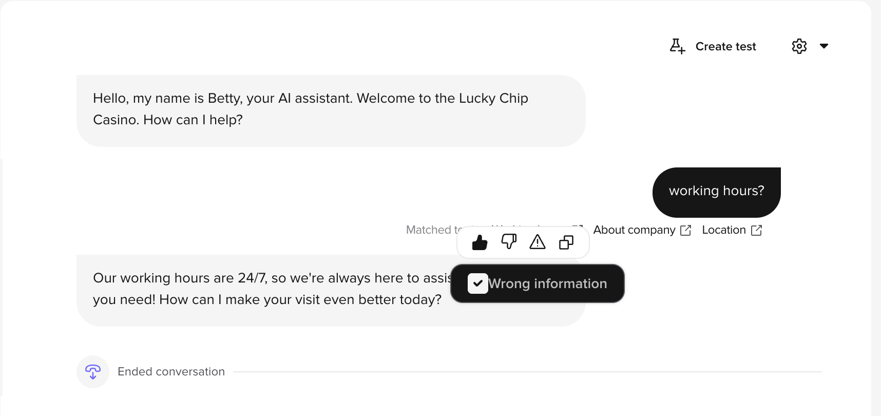 Conversation Review agent turn with the feedback toolbar visible and the Wrong information annotation checkbox selected