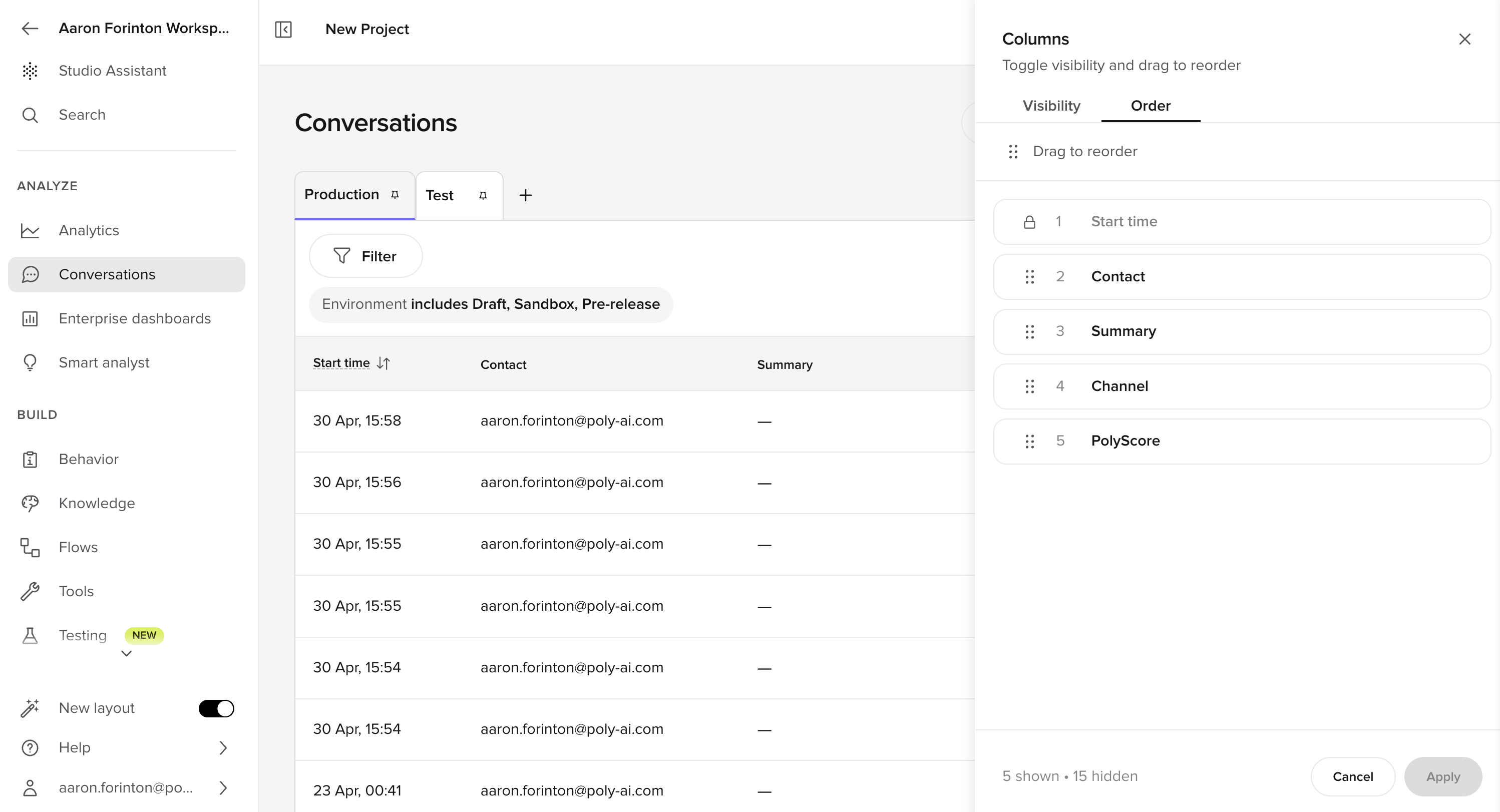 Columns panel showing the Order tab with draggable column entries numbered 1–5