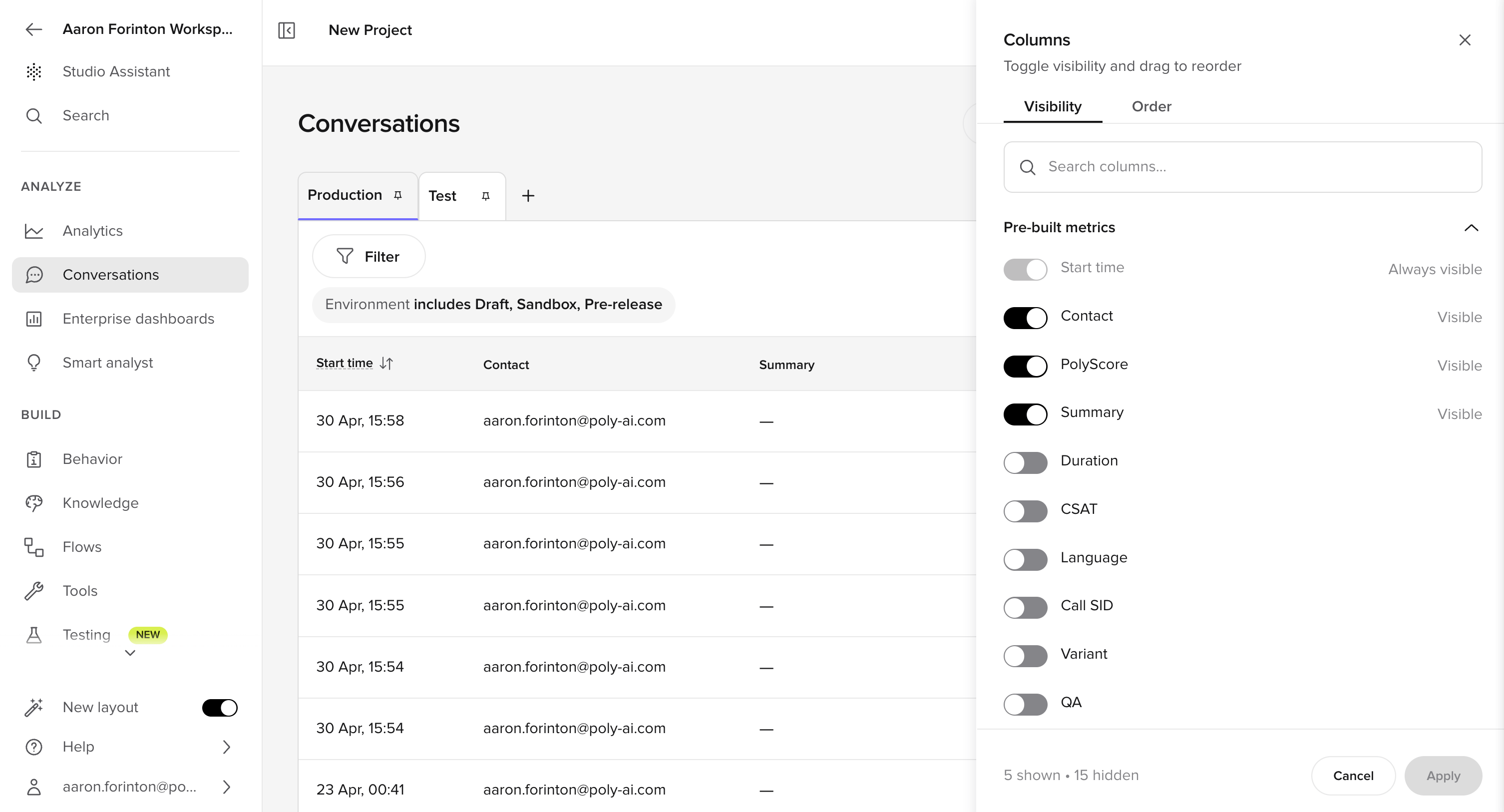 Columns panel showing the Visibility tab with toggles for pre-built metrics