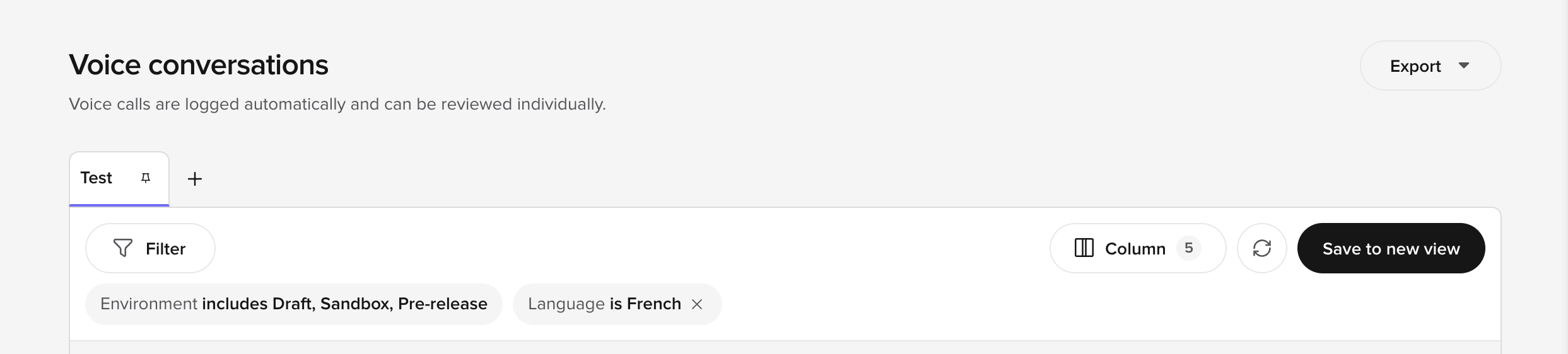 Conversations table filtered to French, showing the Language is French chip above the table