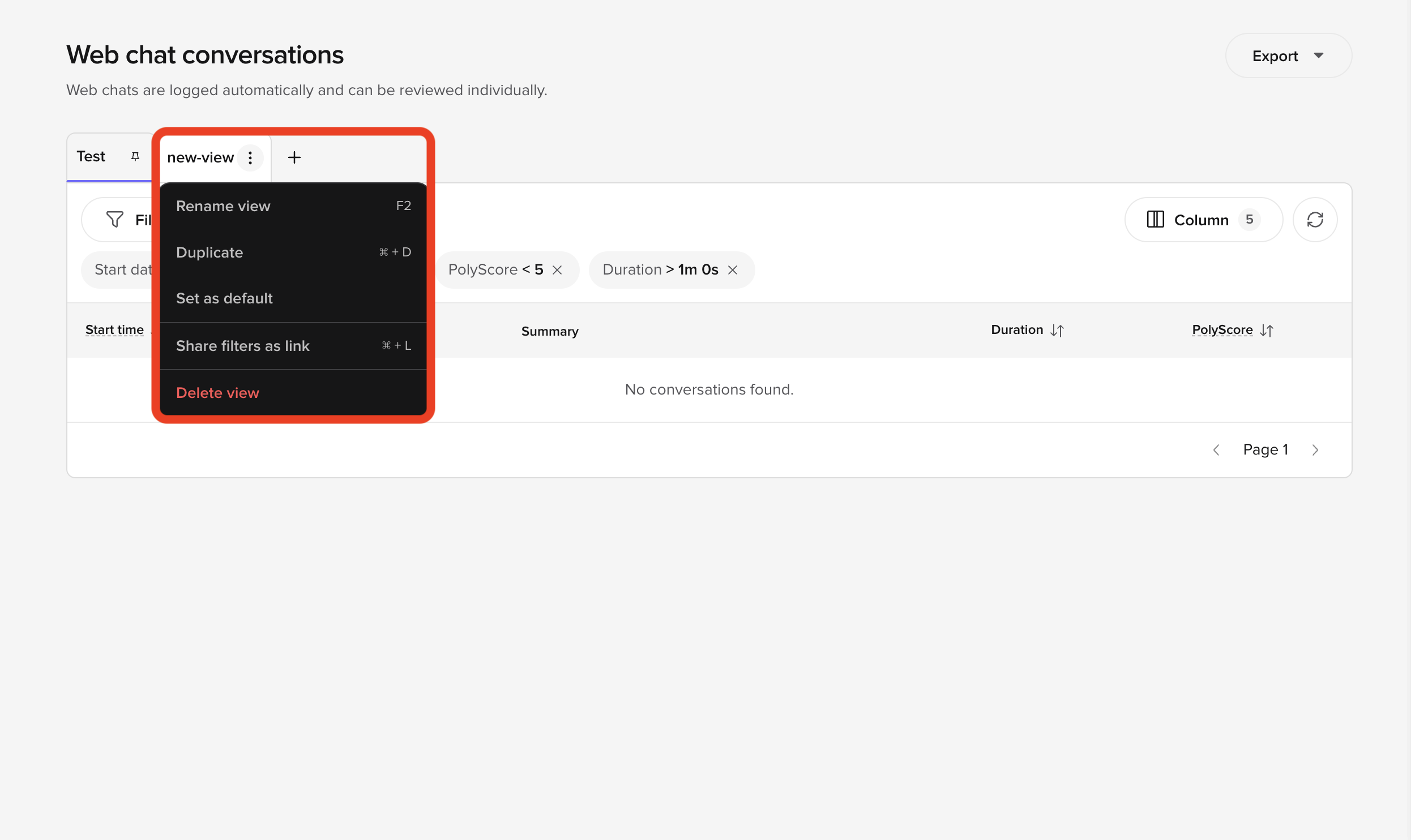 Active filter chips above the table and the view context menu open