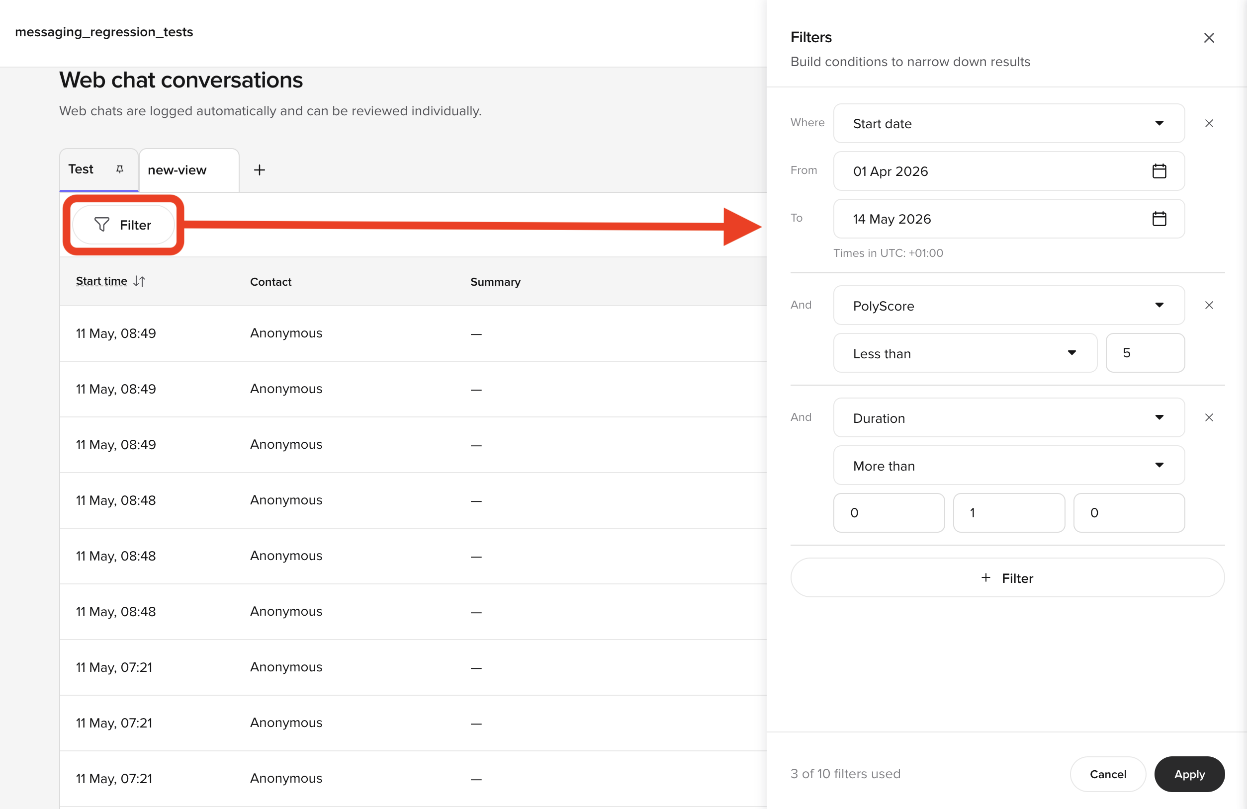 Filters panel open with Start date, PolyScore, and Duration conditions applied