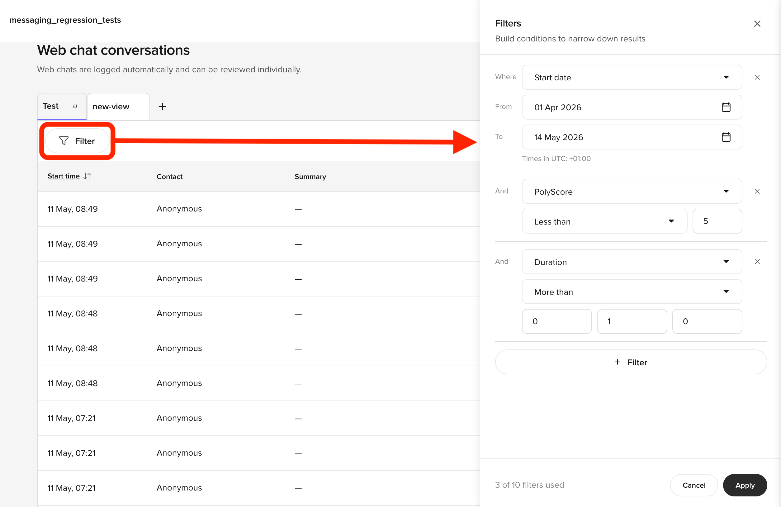 Filters panel open with Start date, PolyScore, and Duration conditions applied