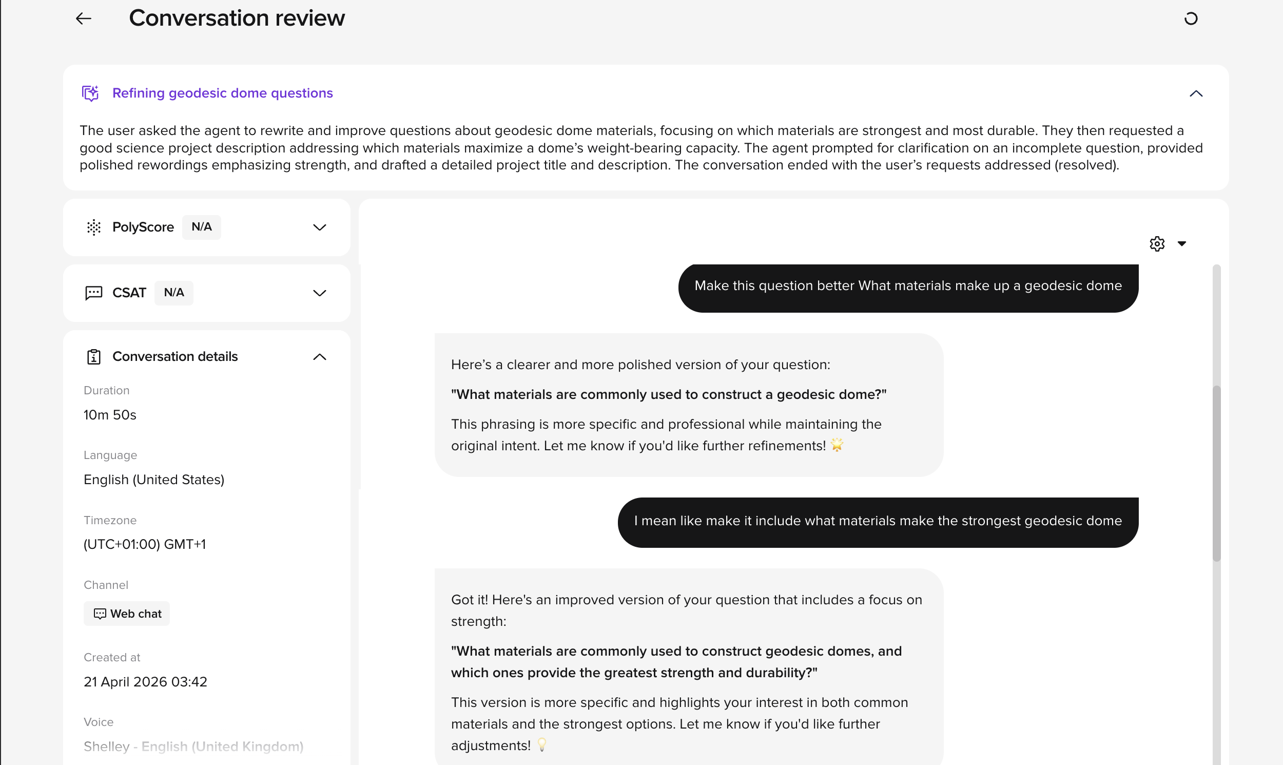 Full-page Conversation review showing the AI-generated summary at the top, PolyScore / CSAT / Conversation details / Metrics cards in the left column, and the transcript with the Diagnosis cog on the right