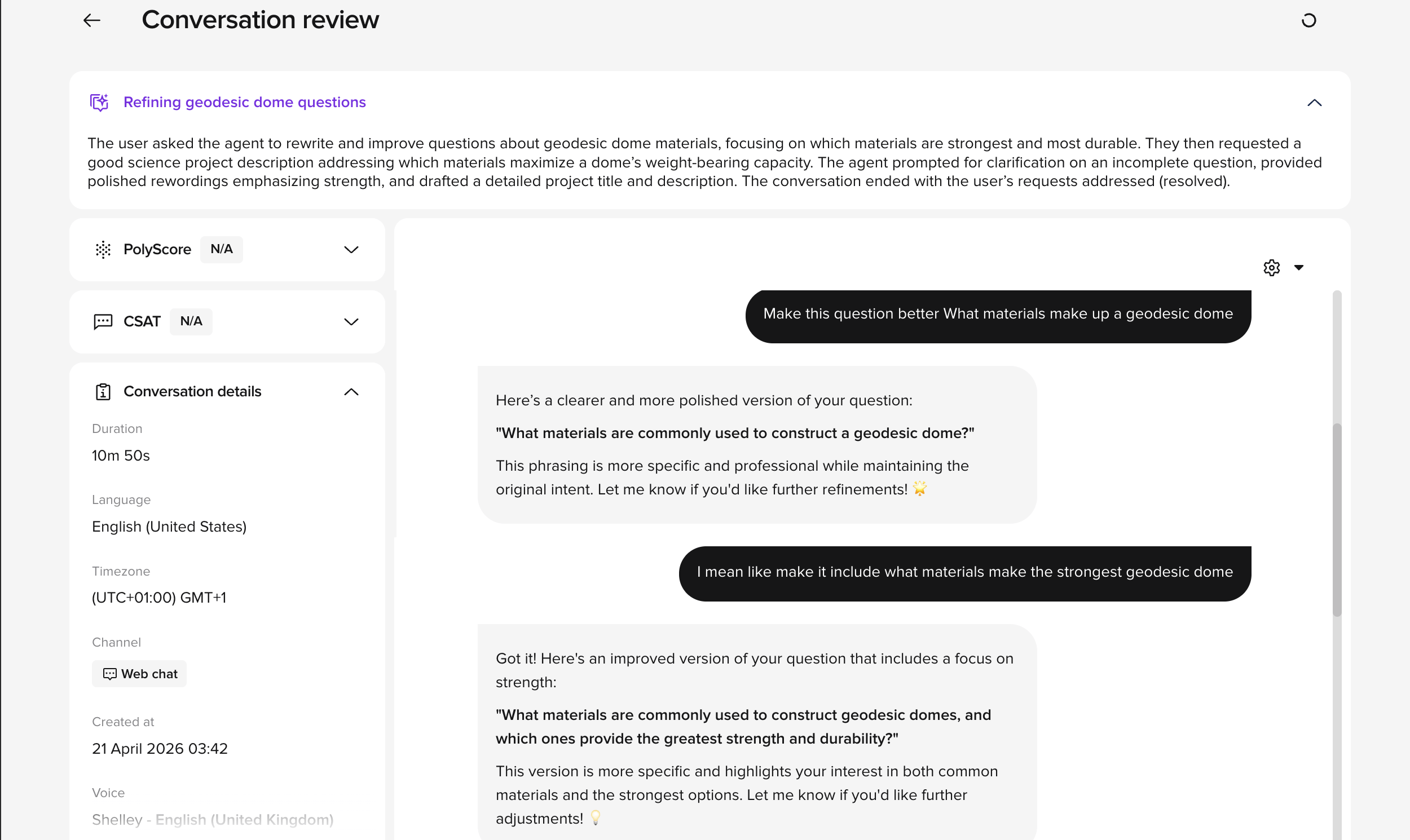 Full-page Conversation review showing the AI-generated summary at the top, PolyScore / CSAT / Conversation details / Metrics cards in the left column, and the transcript with the Diagnosis cog on the right