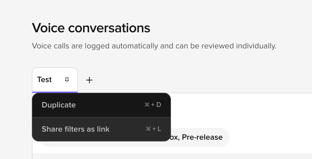 System View tab menu on Test showing only Duplicate and Share filters as link