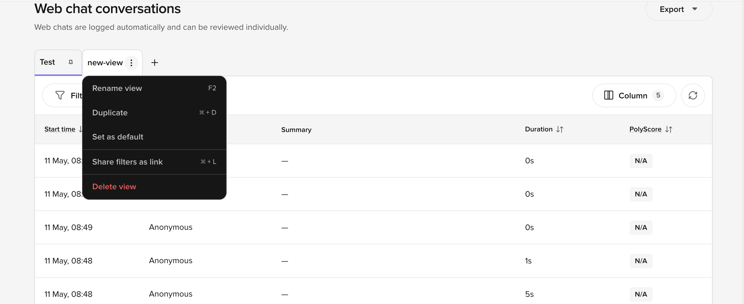 Custom View context menu showing Rename, Duplicate, Set as default, Share filters as link, and Delete view options