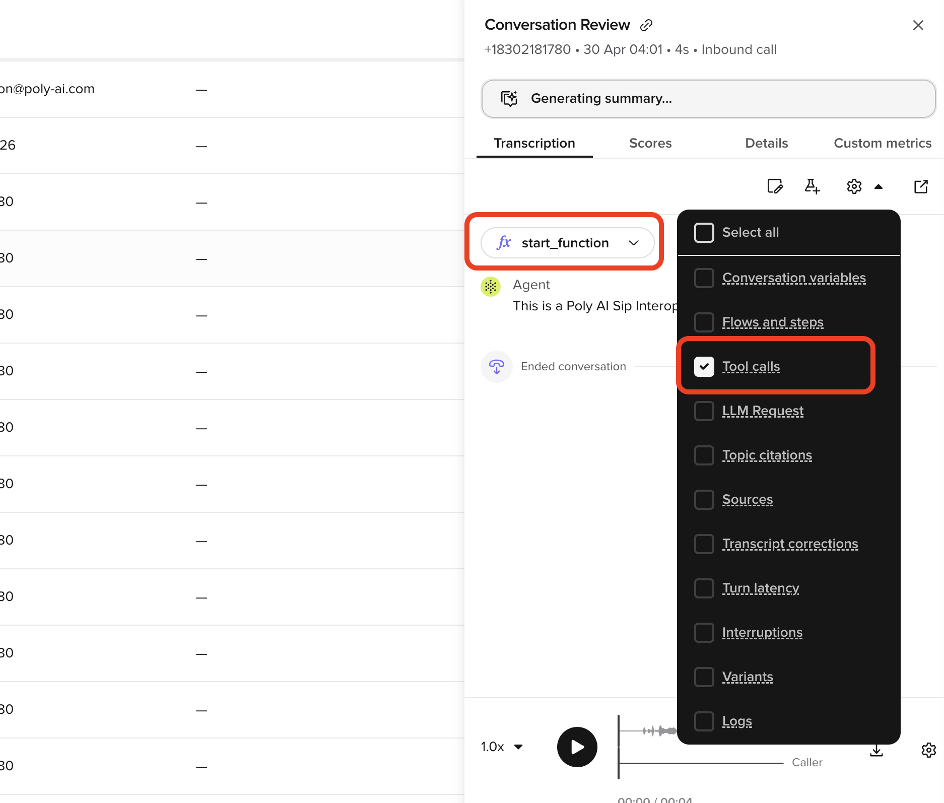 Conversation Review side panel with the Diagnosis toggle group open and Tool calls enabled, showing a start_function call inline with the transcript