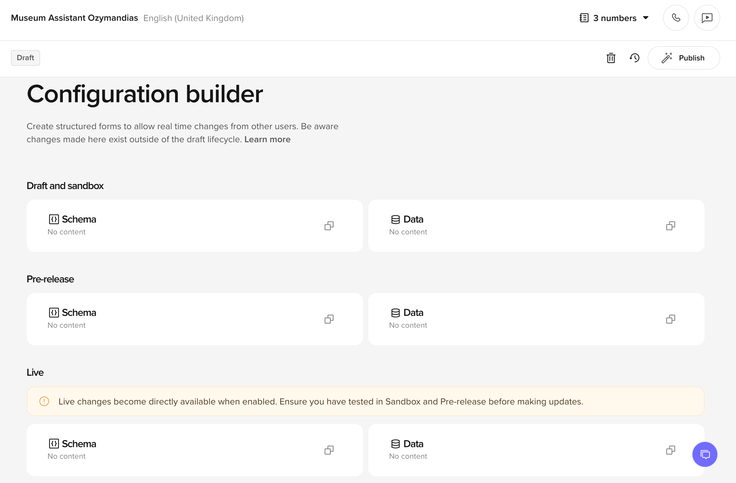Configuration builder UI with schema/data tabs