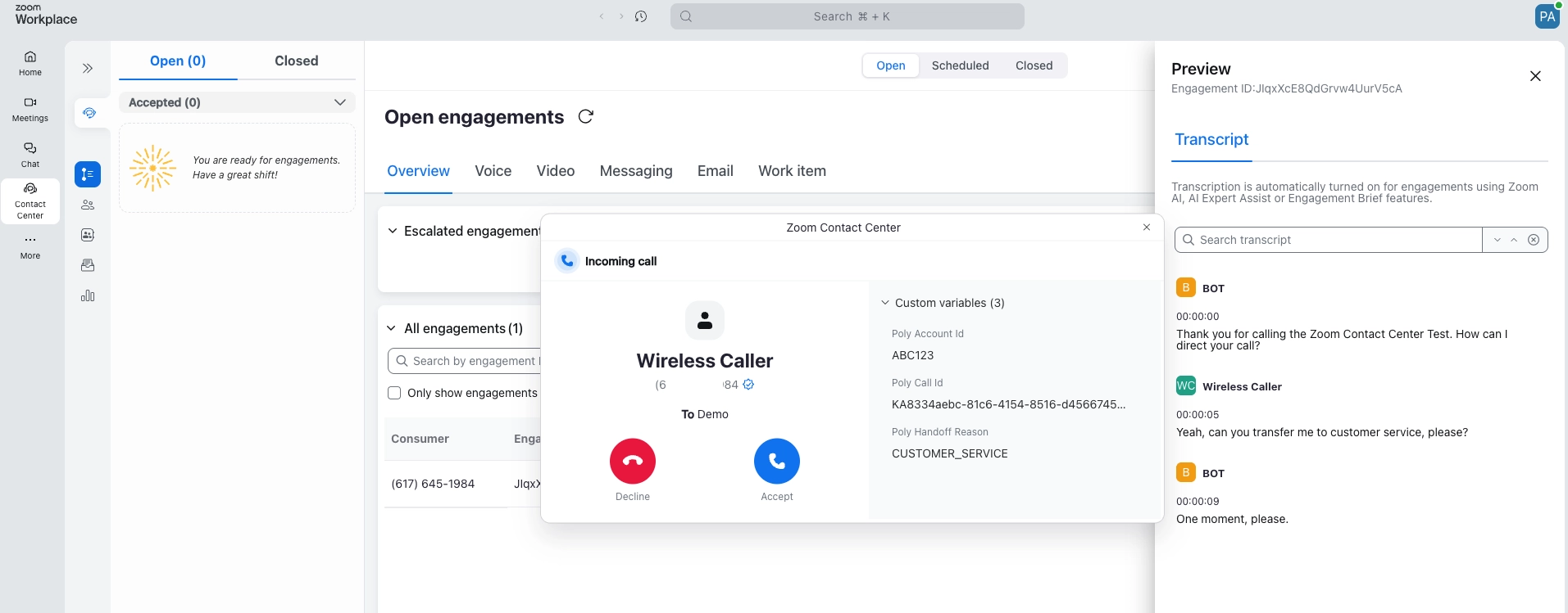 Sample screen pop showing PolyAI handoff data in the Zoom Contact Center agent console
