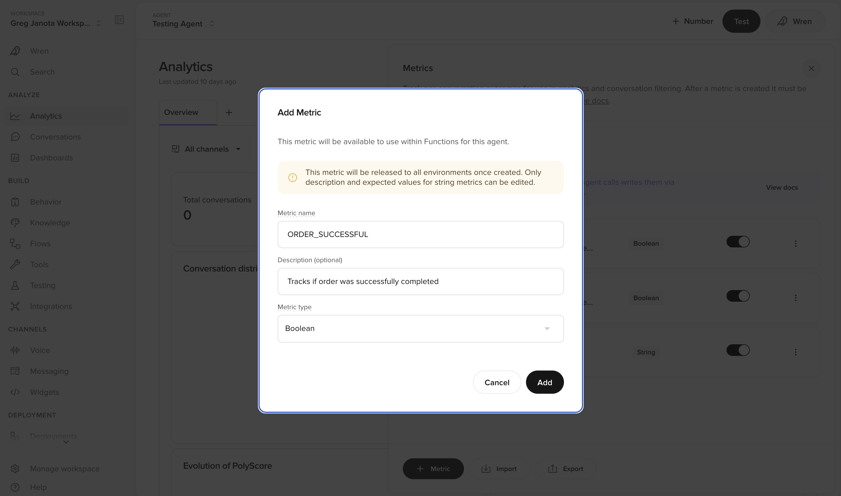 The Add Metric dialog with a name, description and metric type