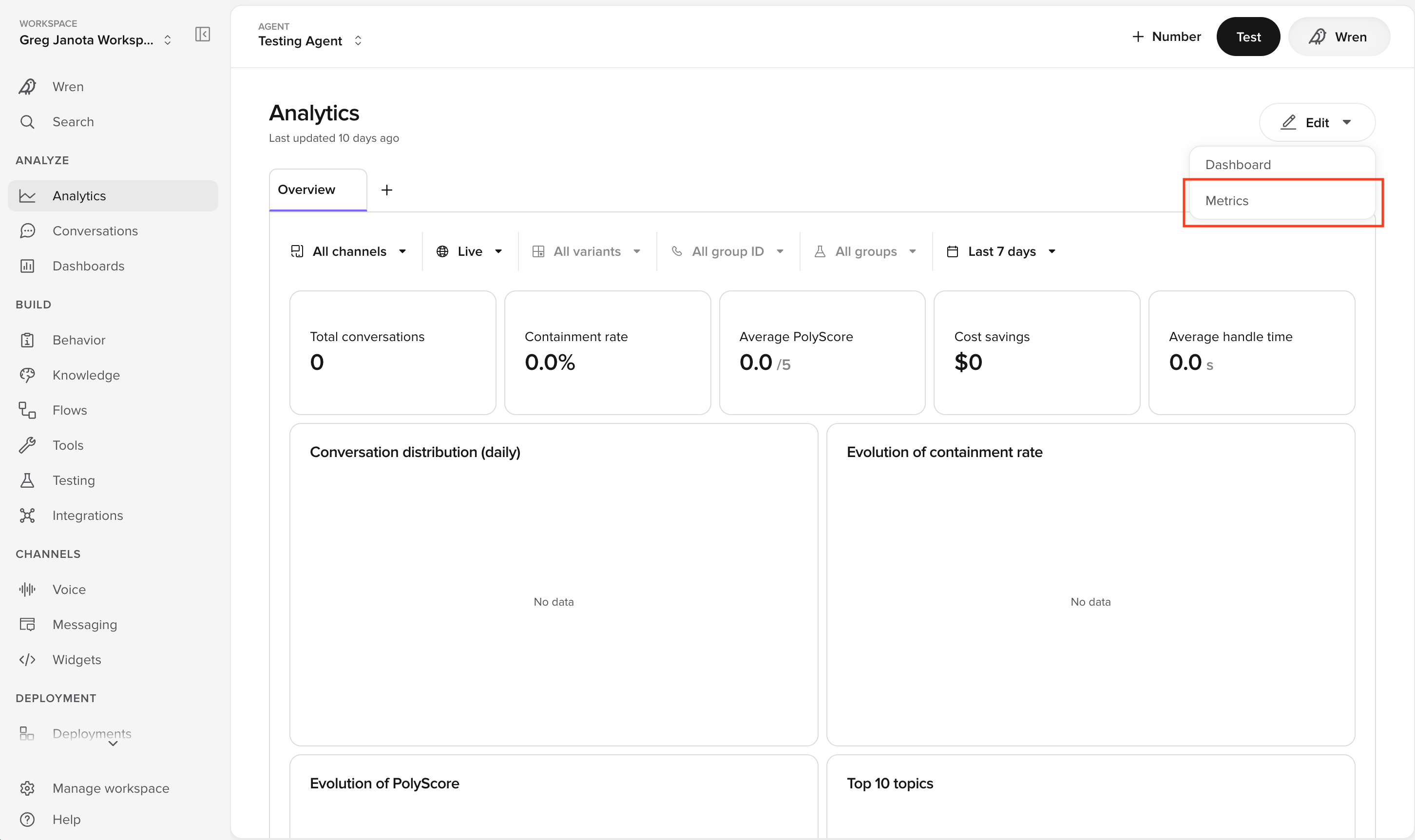 Selecting Metrics from the Edit menu on the Analytics page