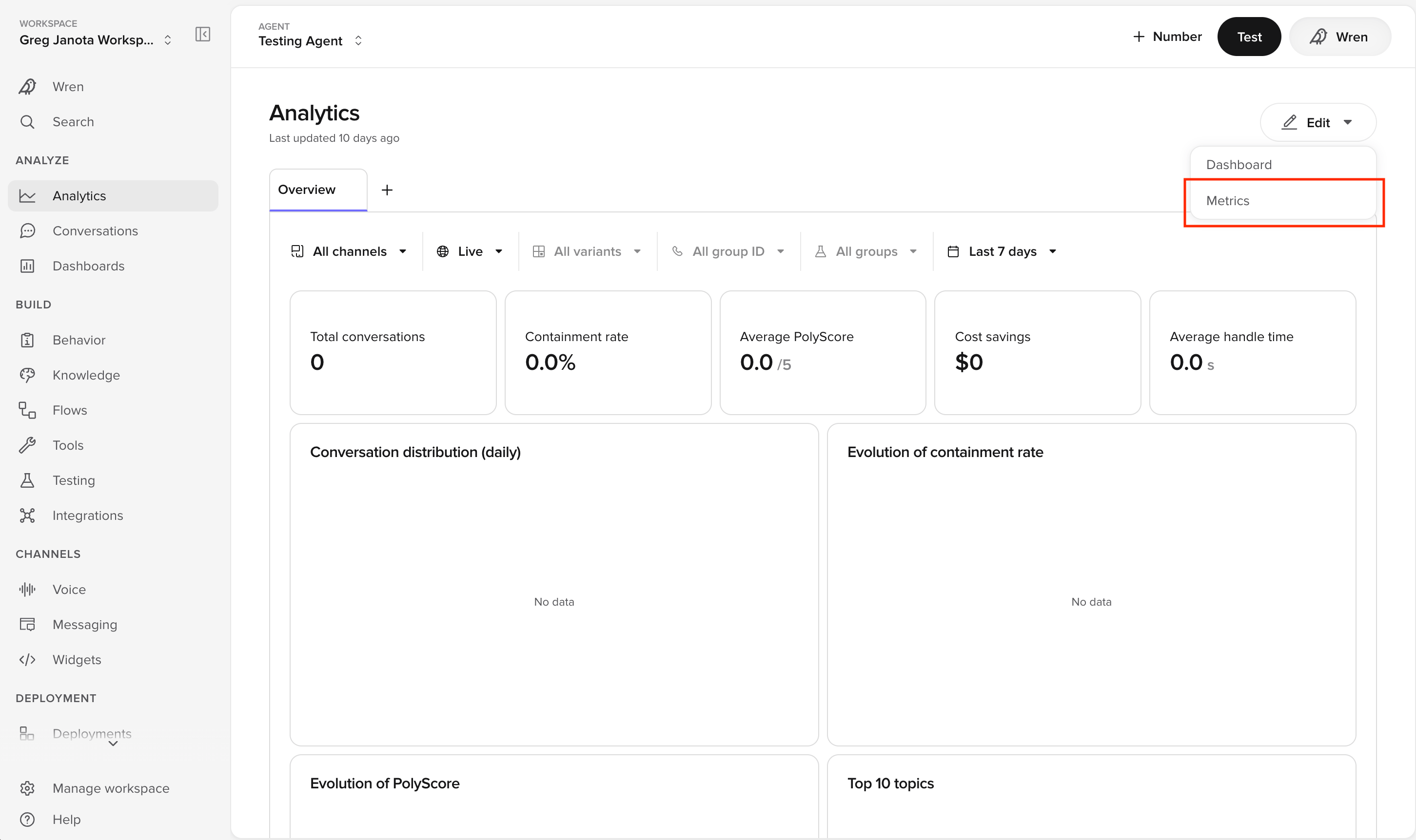 Selecting Metrics from the Edit menu on the Analytics page