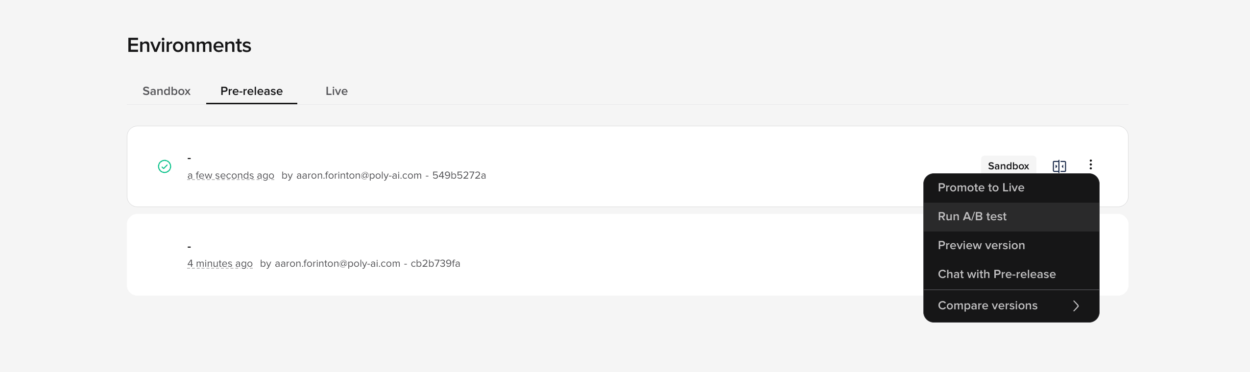 Pre-release tab in Environments with the overflow menu open on a version, listing Promote to Live, Run A/B test, Preview version, Chat with Pre-release, and Compare versions